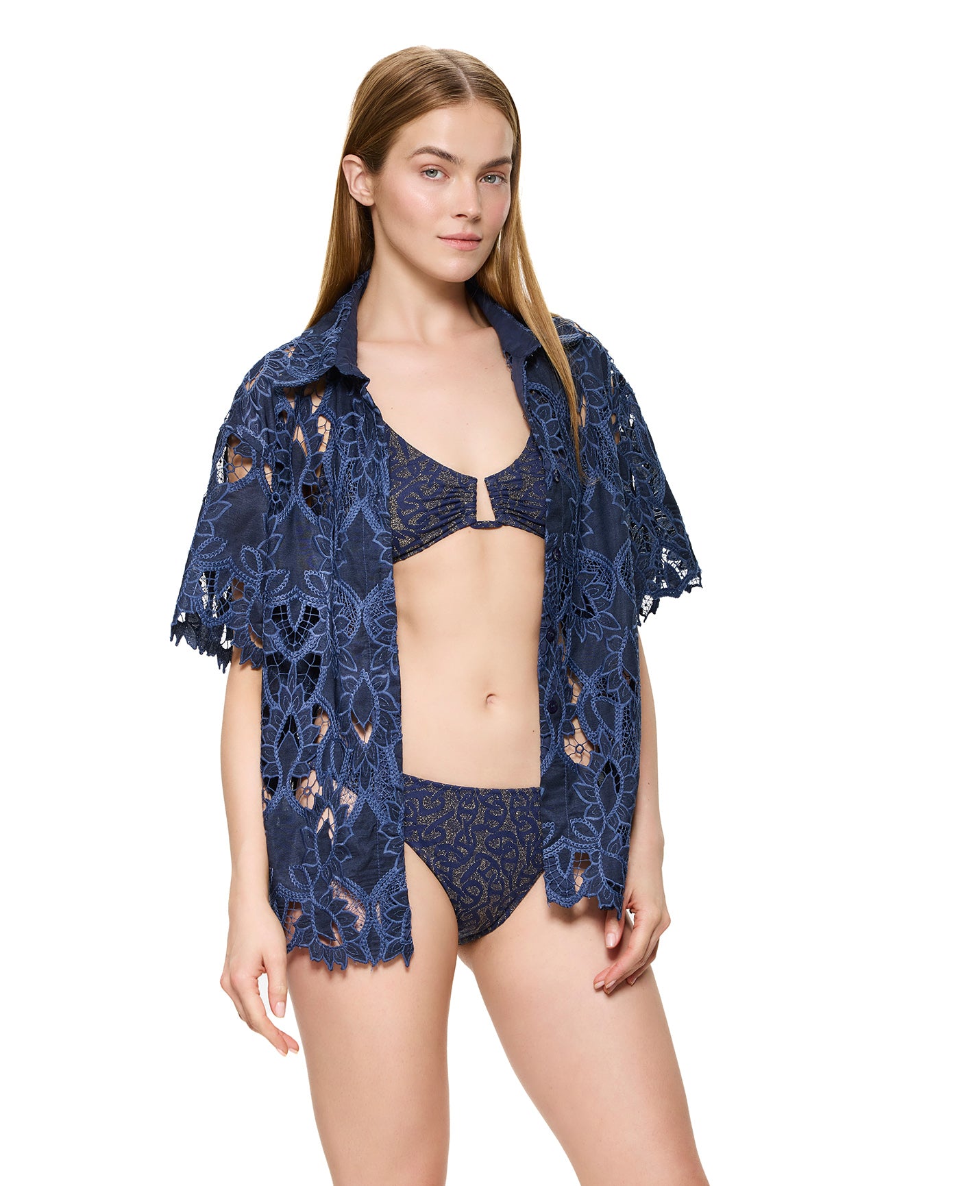 Guipure Lace Short Sleeve Button Down Shirt Cover-Up-Navy