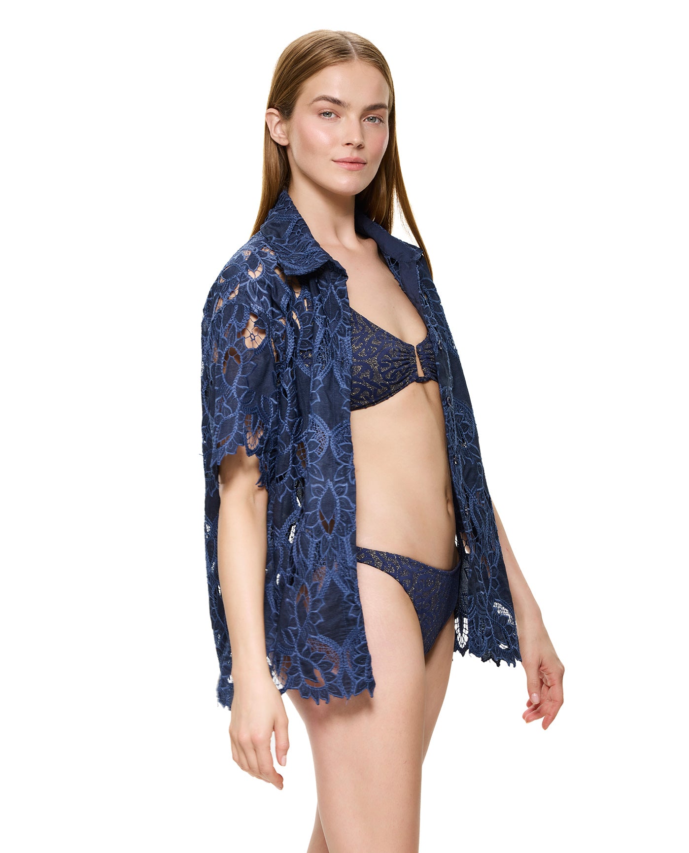 Guipure Lace Short Sleeve Button Down Shirt Cover-Up-Navy