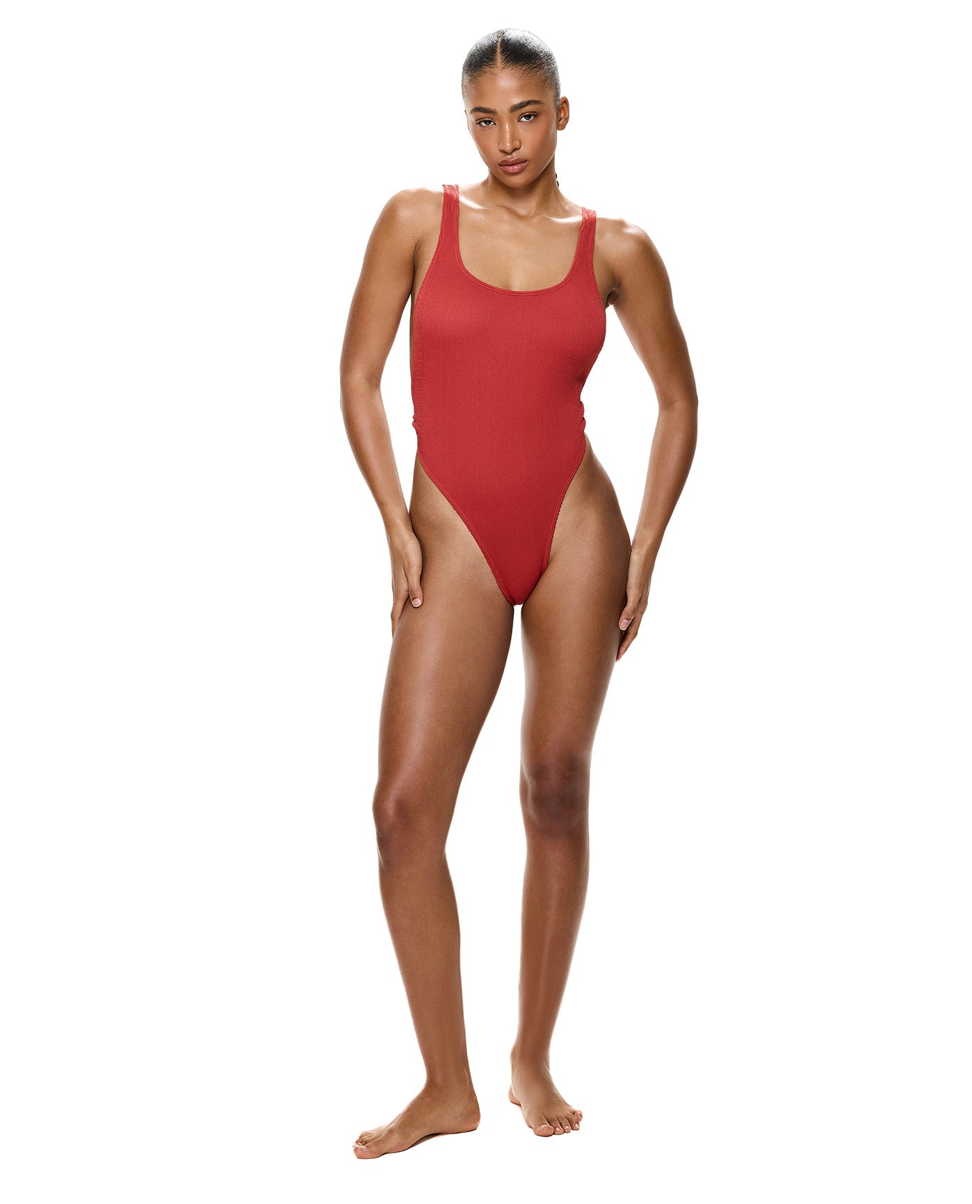 Tubular High Leg Ring Detail One Piece-Paprika