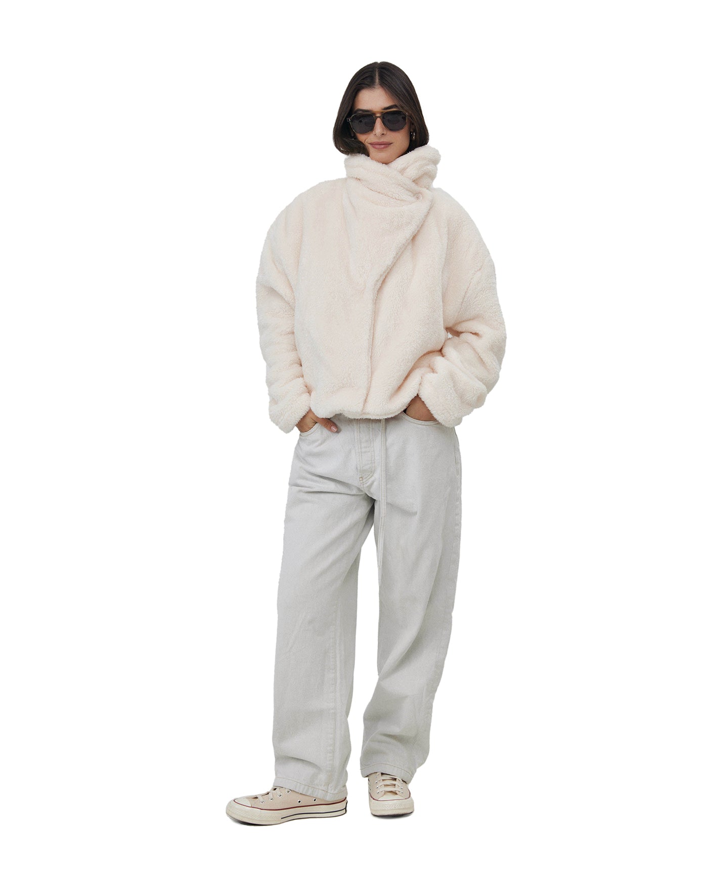 Short Fleece jacket with buttons-Ivory