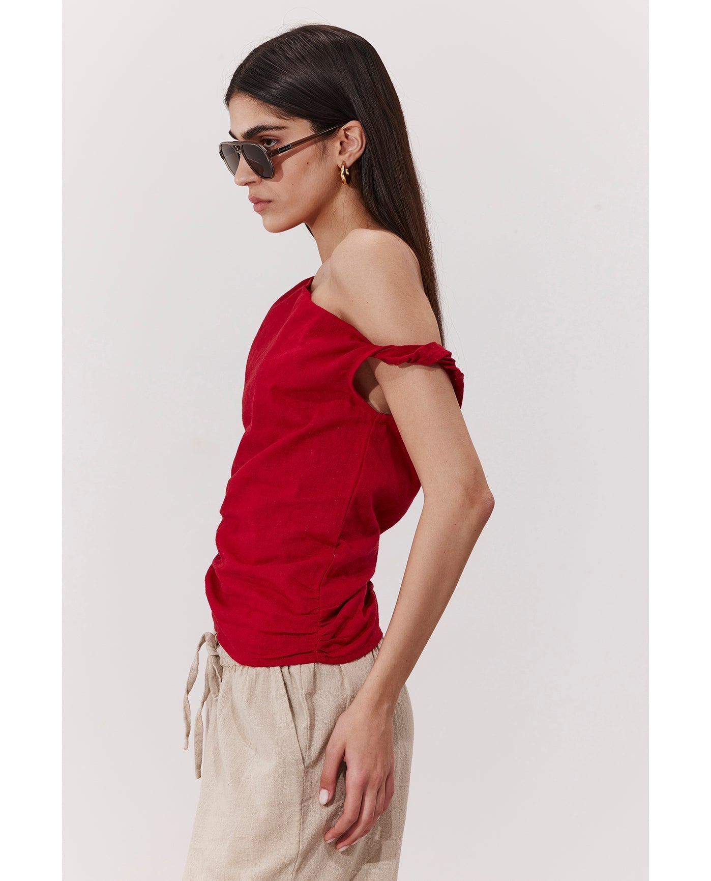 Terra One Shoulder Beach Shirt Cover-Up | Red