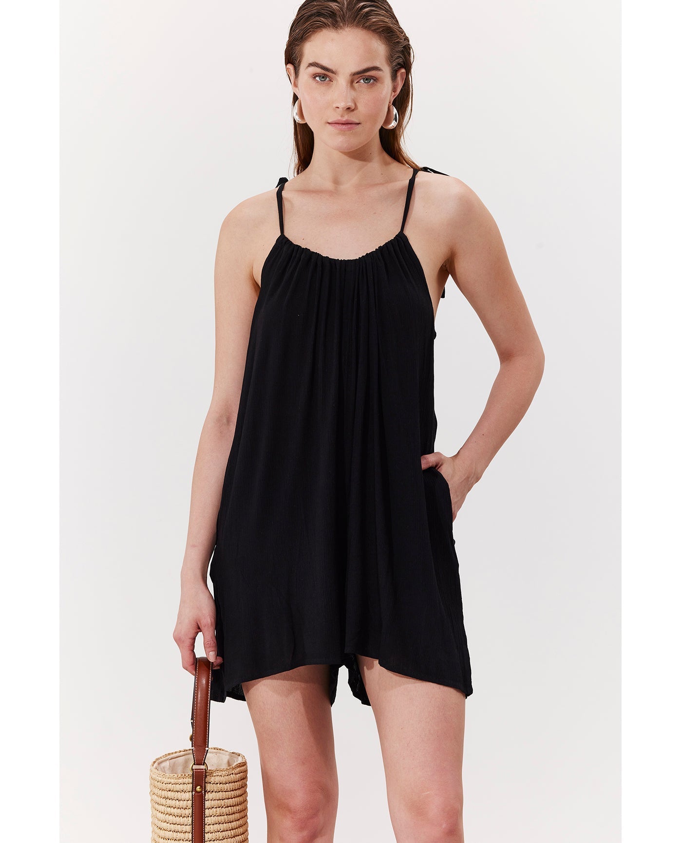 Solena Crêpe High Neck Romper Cover-Up | Black