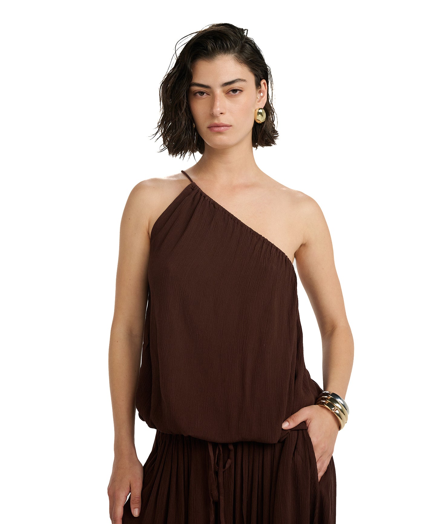 Resort One Shoulder Bubble Top Cover-Up-Brown