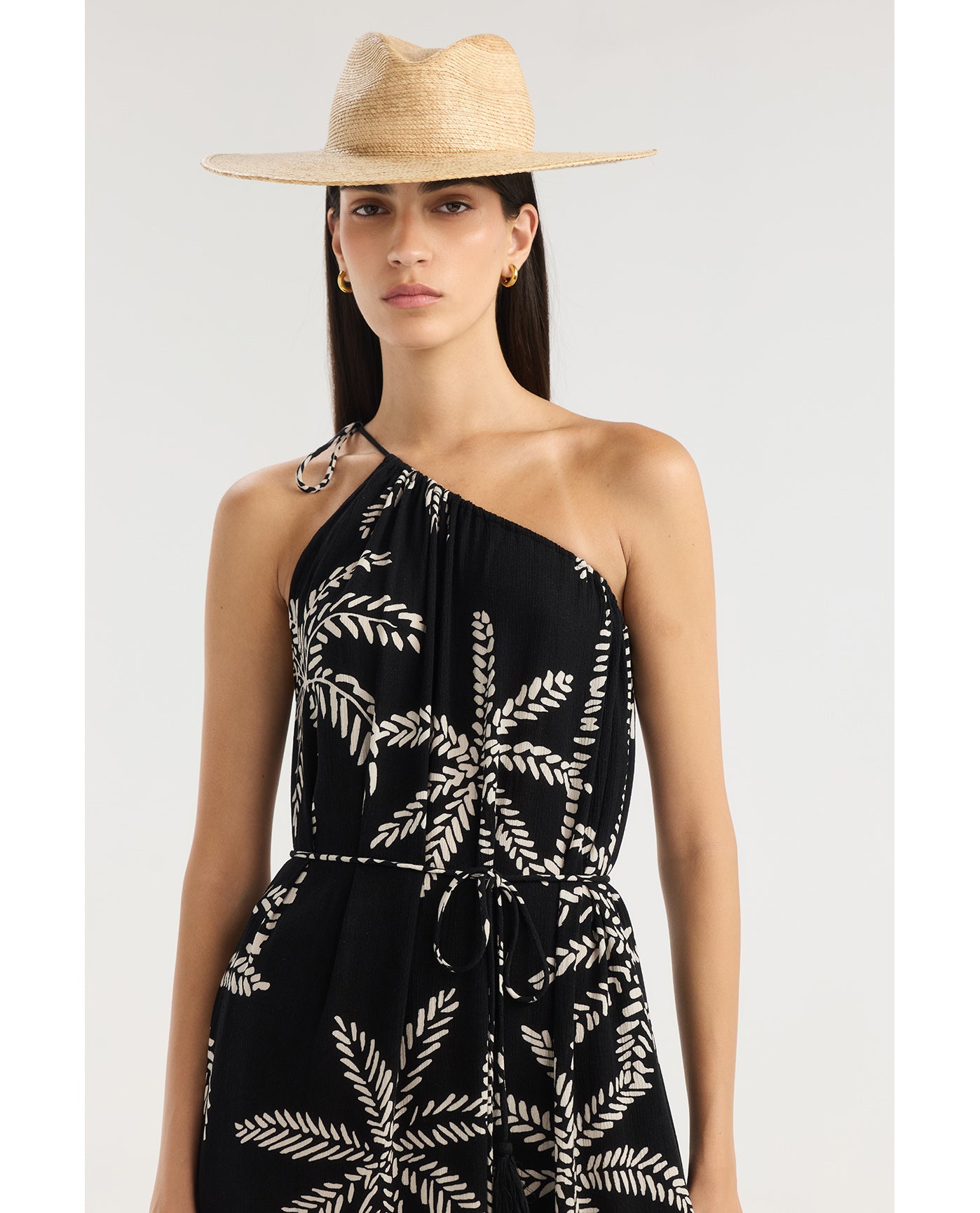 Resort Palm One Shoulder Maxi Dress Cover-Up-Black-Cream