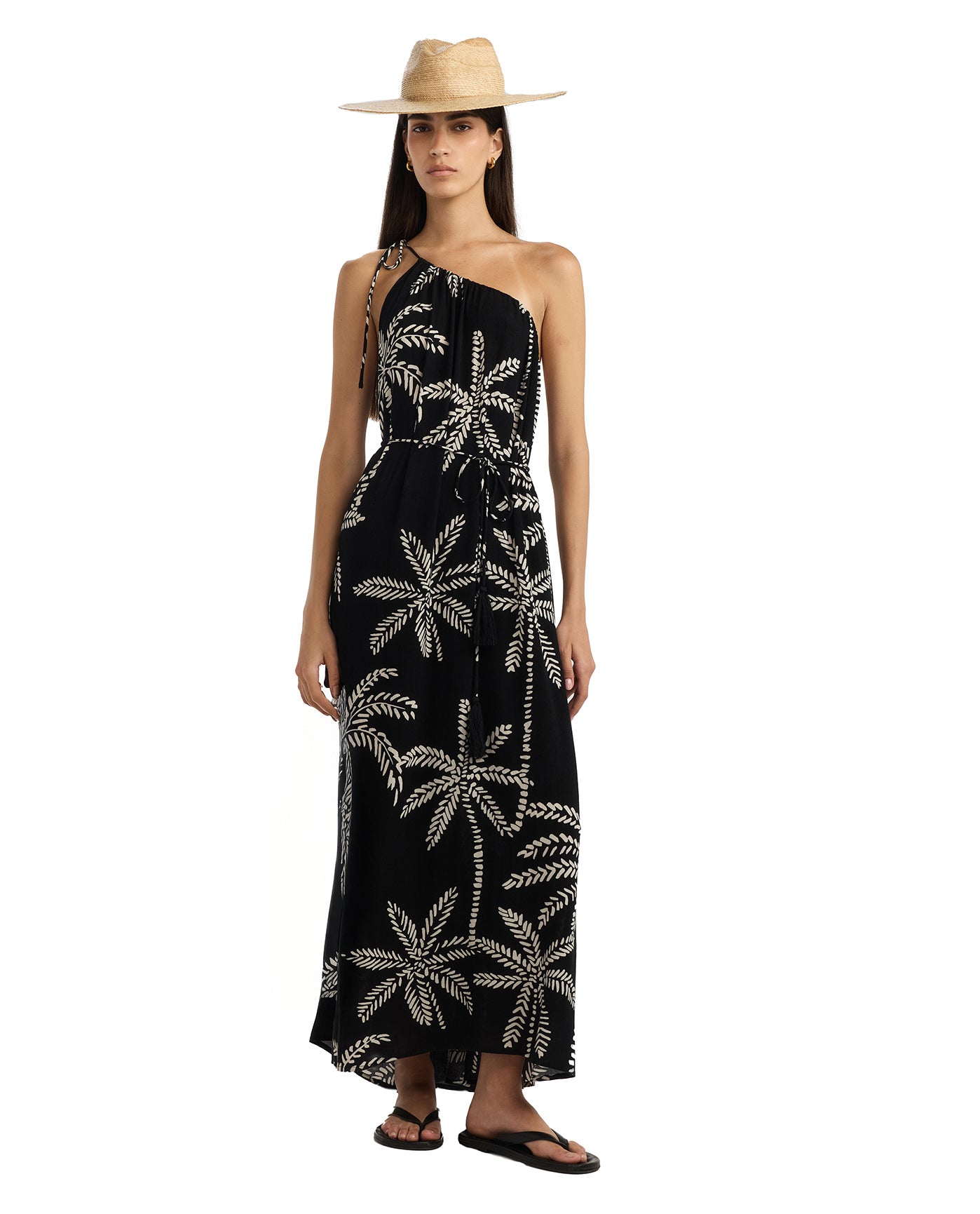 Resort Palm One Shoulder Maxi Dress Cover-Up-Black-Cream