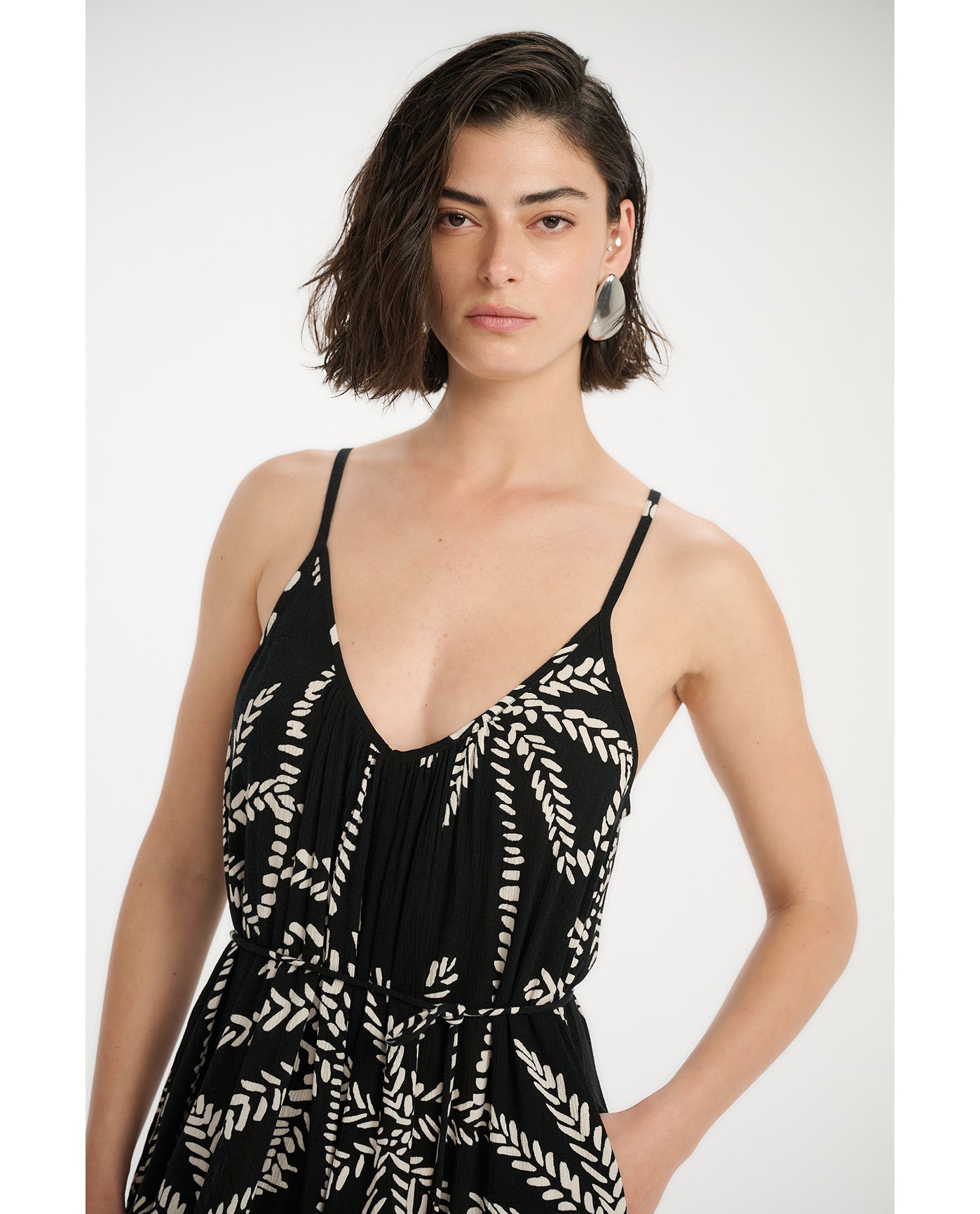 Resort Palm Balloon Pant Jumpsuit Cover-Up-Black-Cream