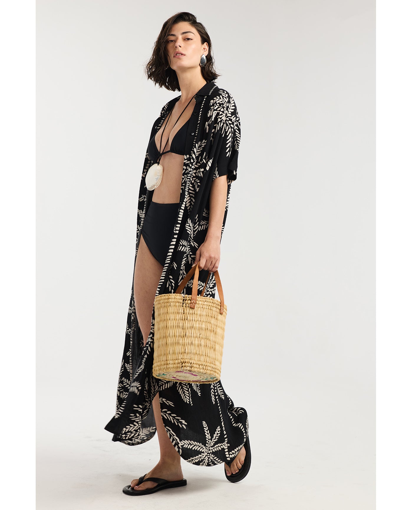 Resort Palm Maxi Shirt Dress Cover-Up-Black-Cream