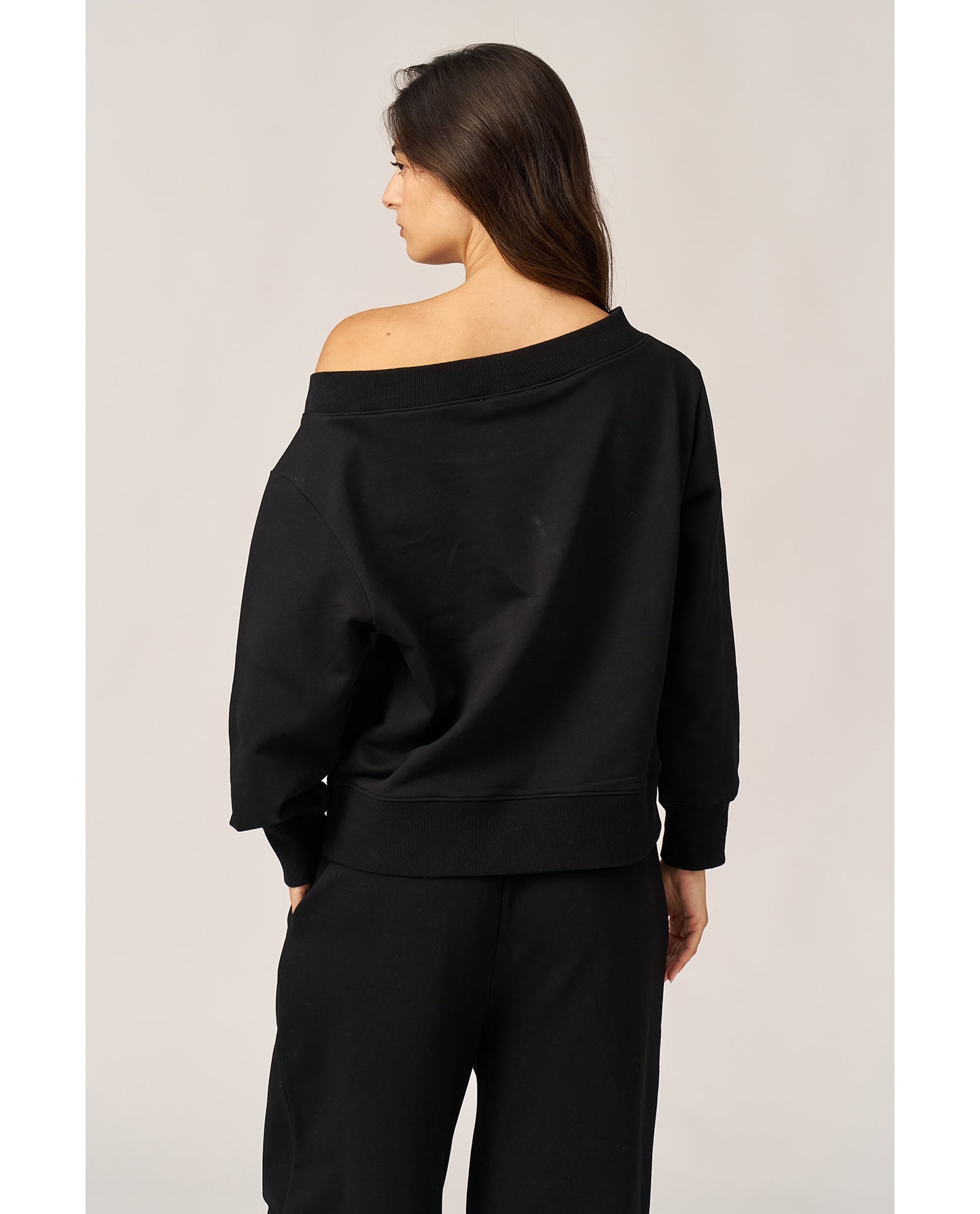 Cozy Coast Airport Off the Shoulder Sweatshirt -Black