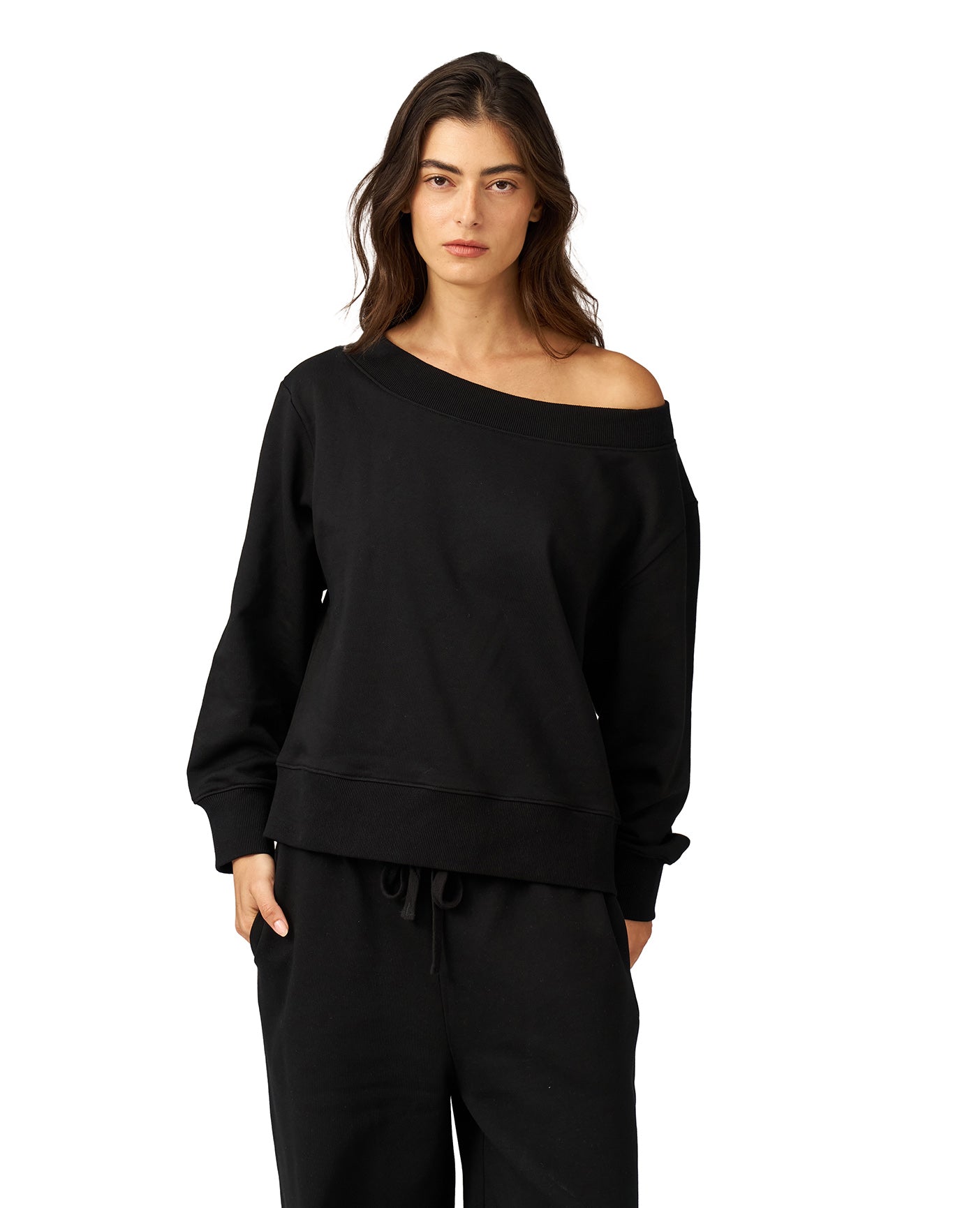 Cozy Coast Airport Off the Shoulder Sweatshirt -Black