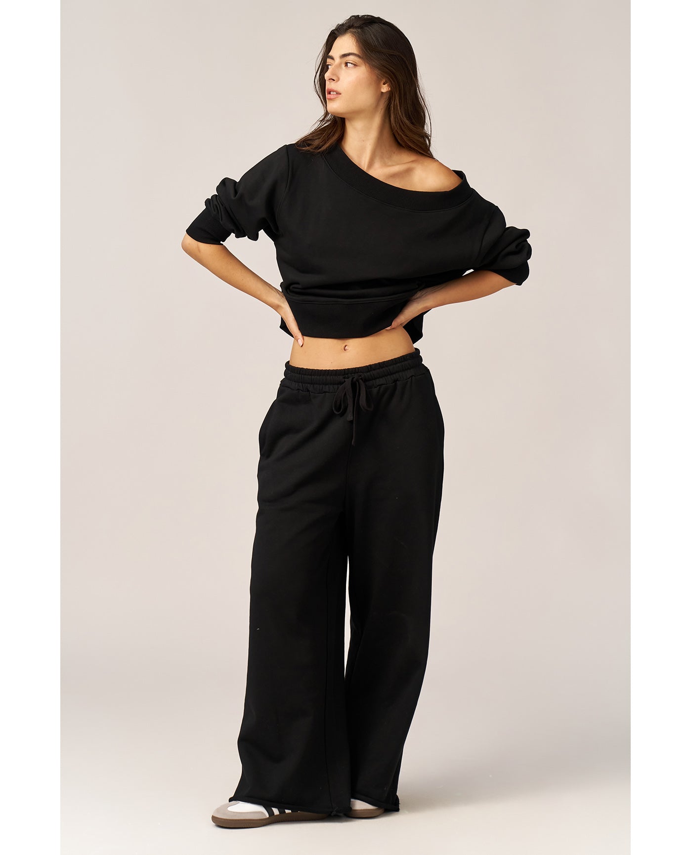 Cozy Coast Airport Off the Shoulder Sweatshirt -Black