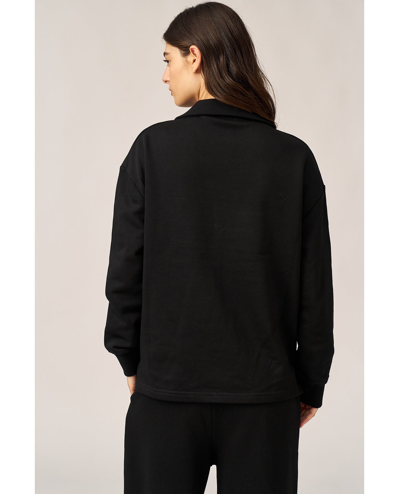 Cozy Coast Airport Collared V Neck Sweatshirt -Black