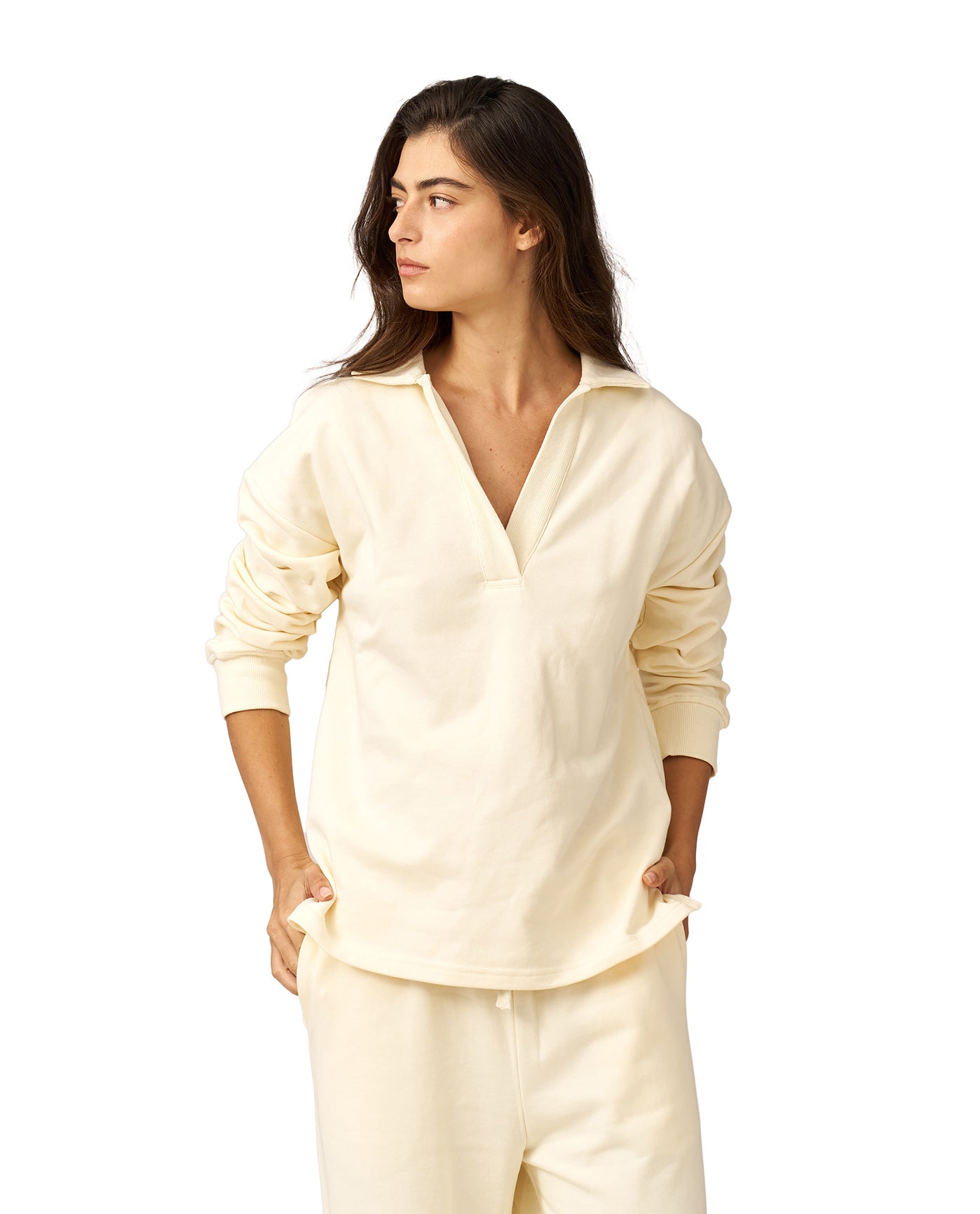 Cozy Coast Airport Collared V Neck Sweatshirt -Cream