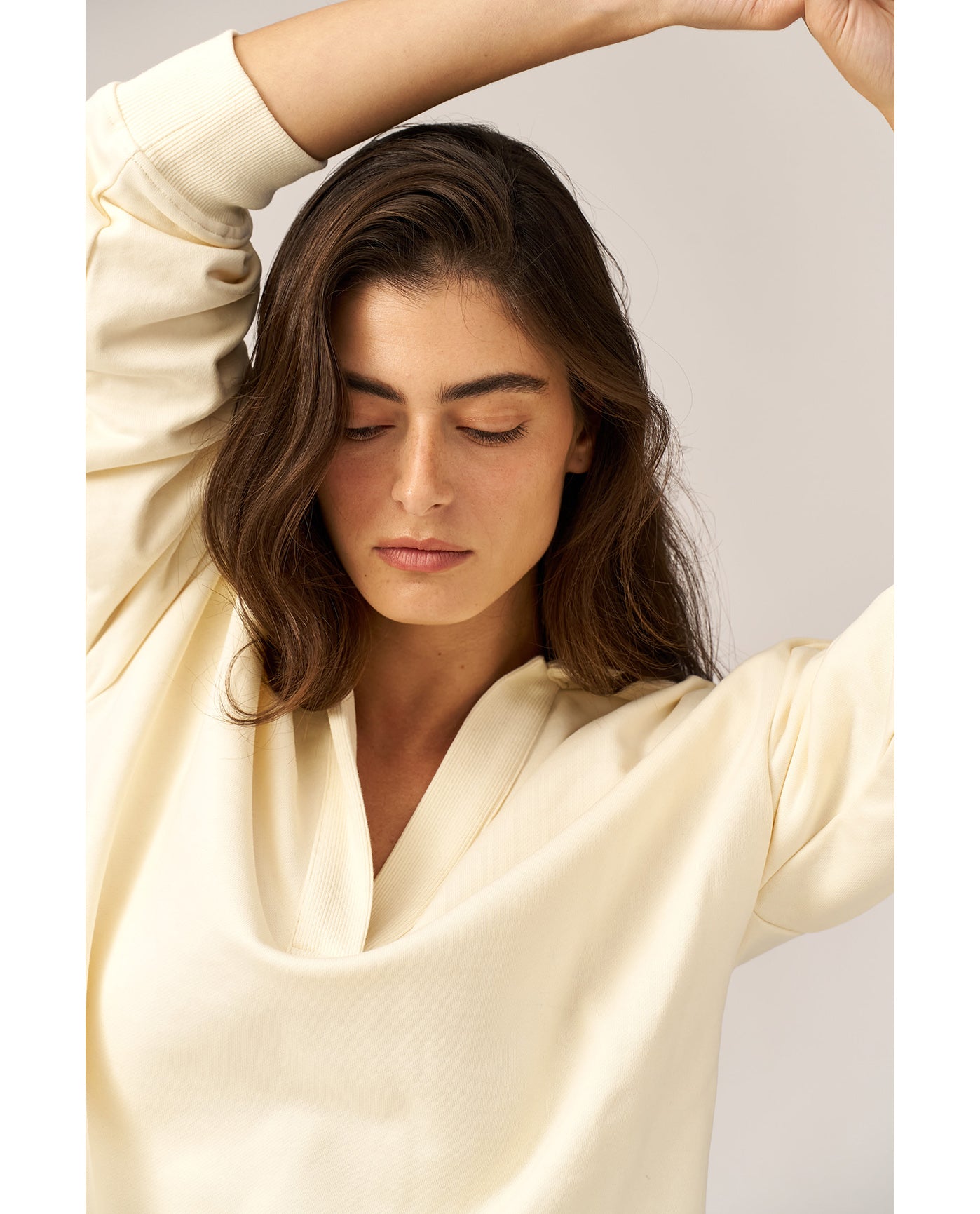 Cozy Coast Airport Collared V Neck Sweatshirt -Cream