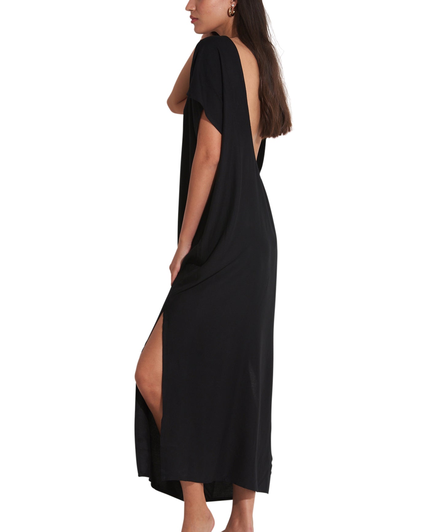 Side View Of Gottex Beach Life Talya Open Back Cover Up Kaftan | Black