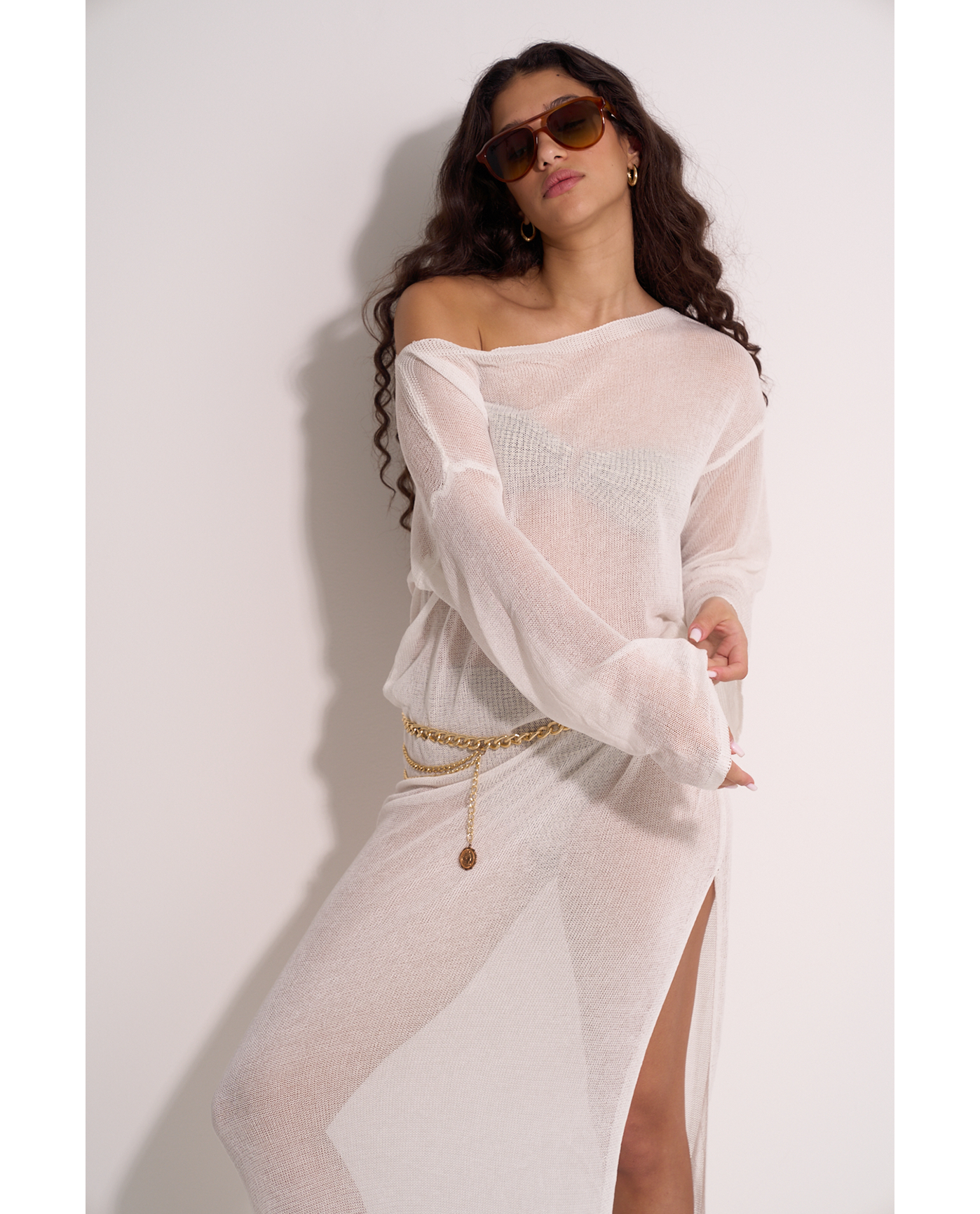 Classic Fishnet Long Sleeve Beach Dress - White