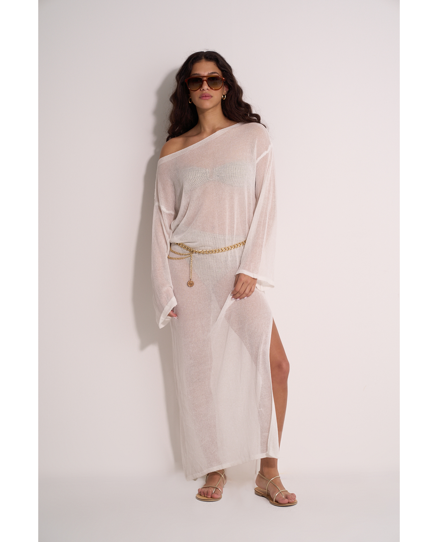Classic Fishnet Long Sleeve Beach Dress - White