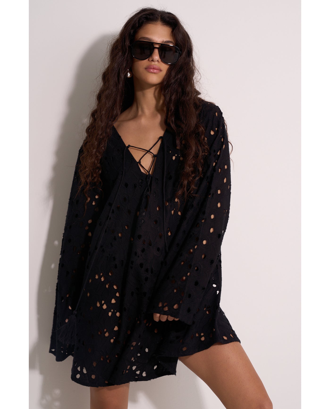 Coastal Lace Mini Dress Cover-Up | Black