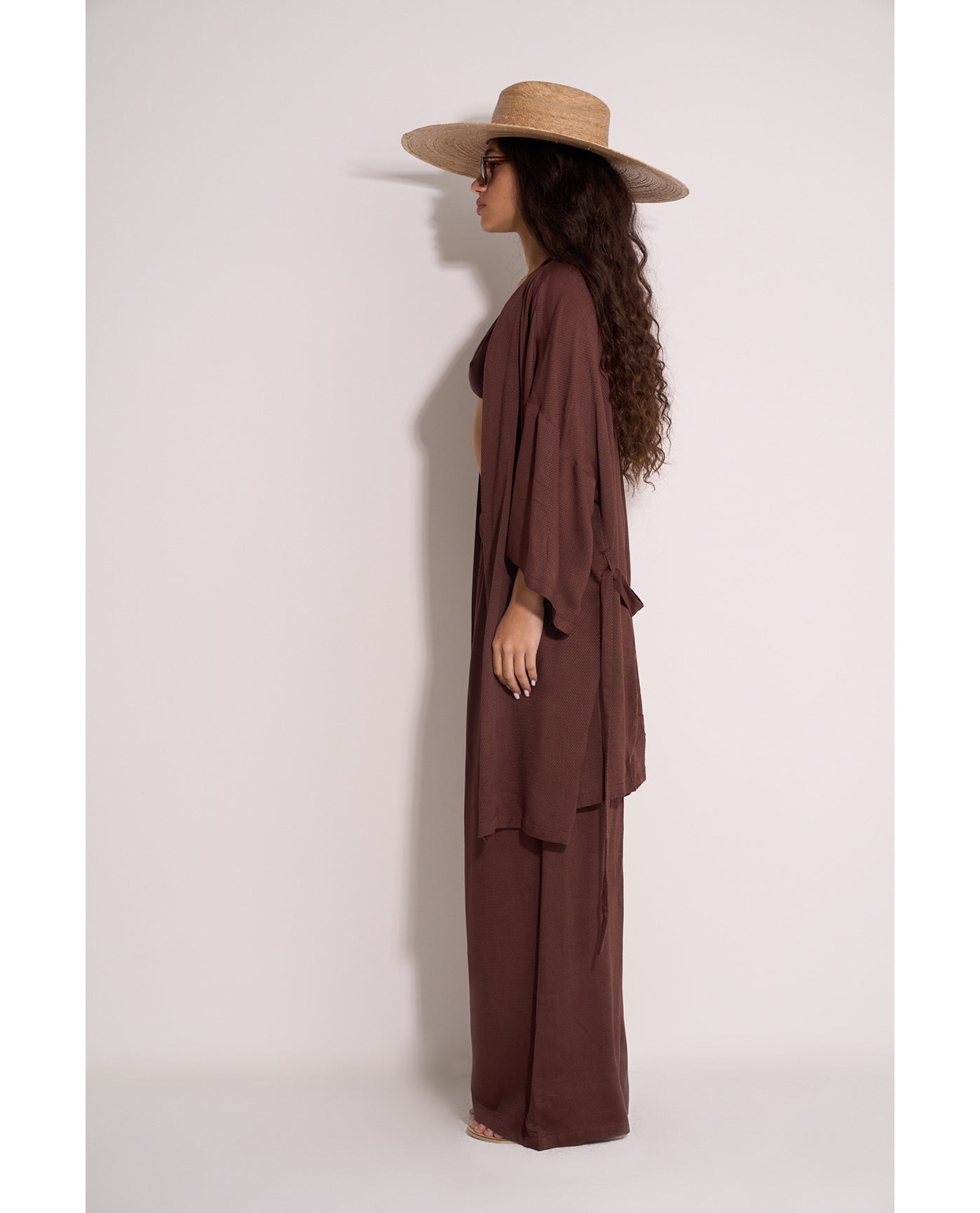 Side View Of Satin Shore Robe Cover-Up | dark-brown