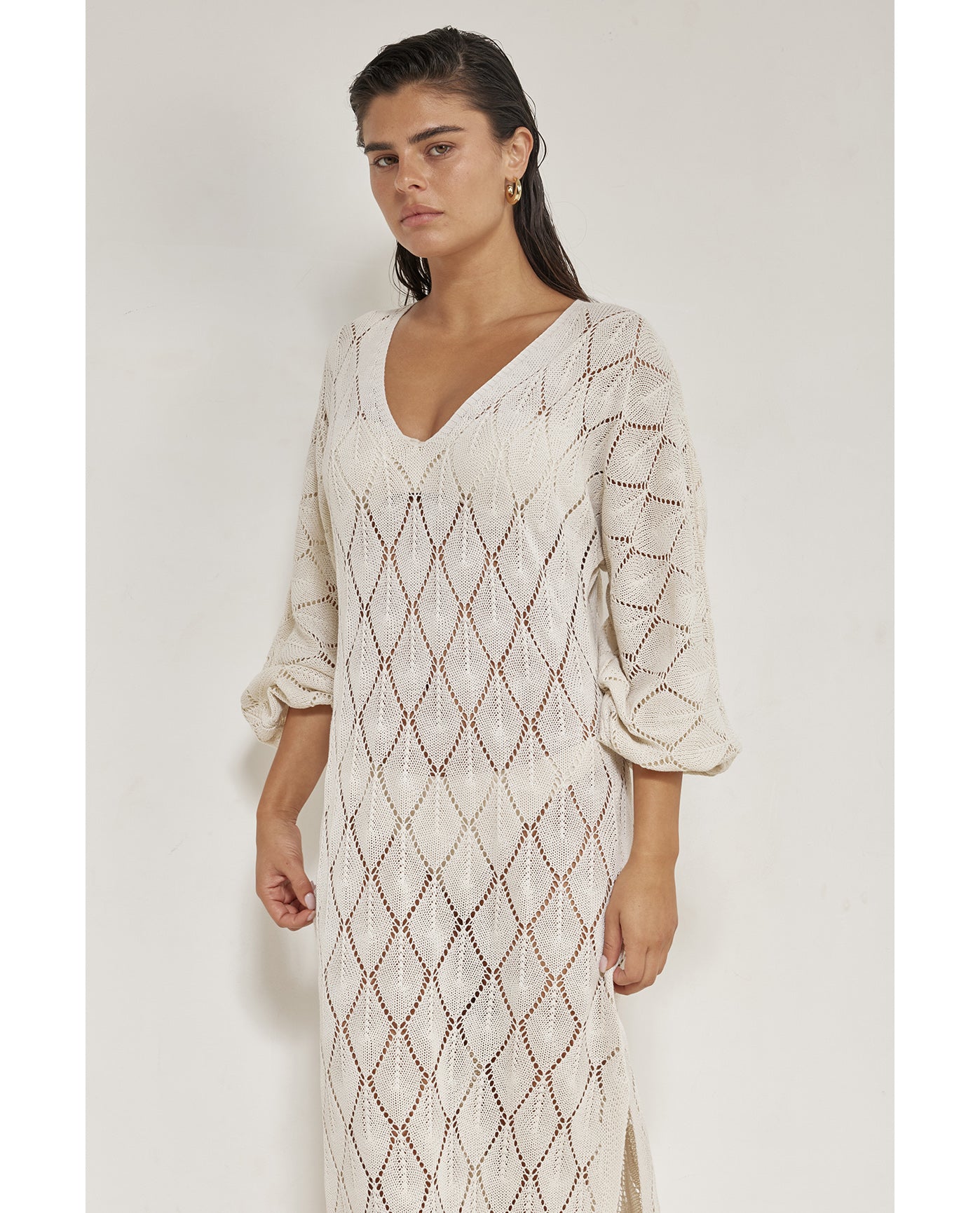 Belinda V-Neck Crochet Dress Cover-Up-Beige
