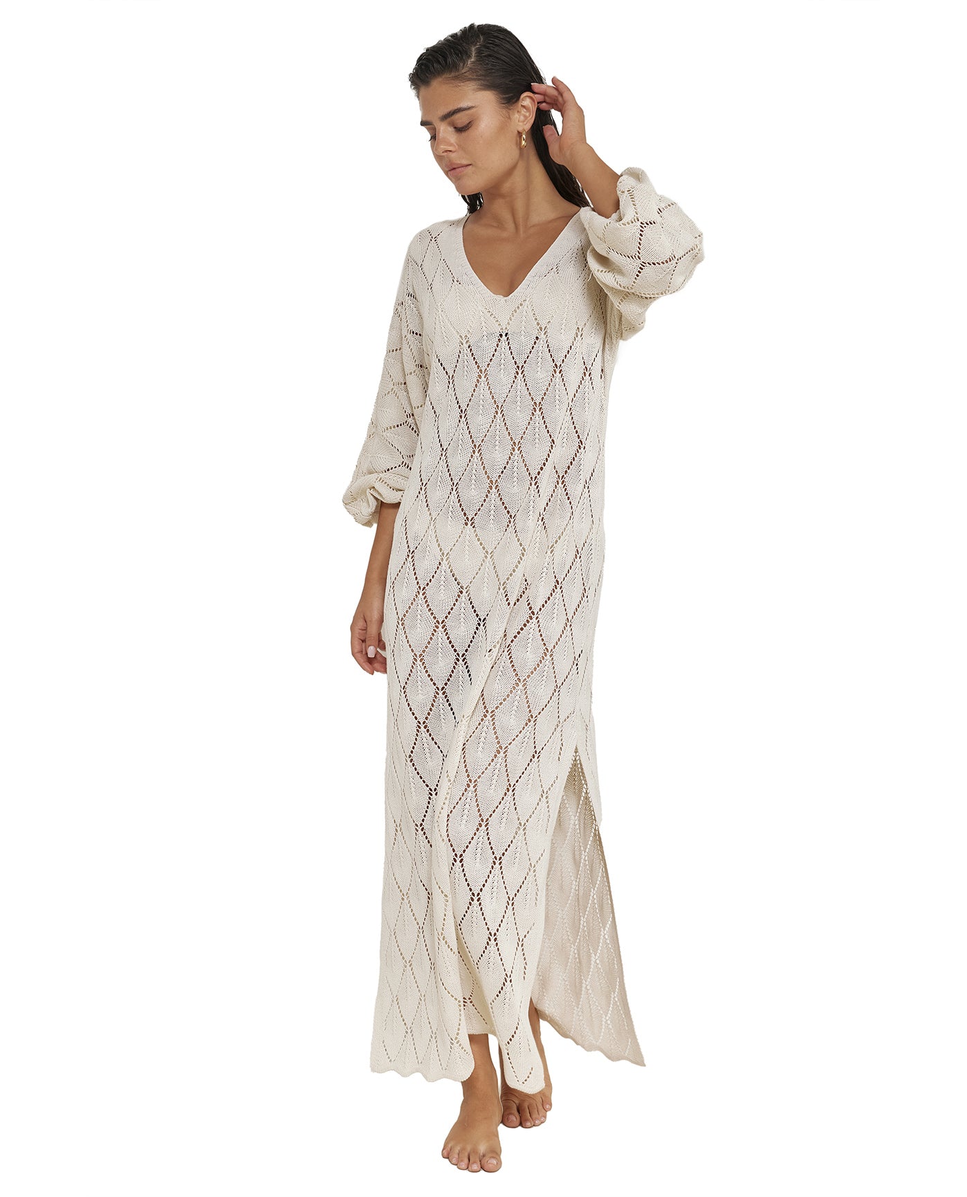 Belinda V-Neck Crochet Dress Cover-Up-Beige