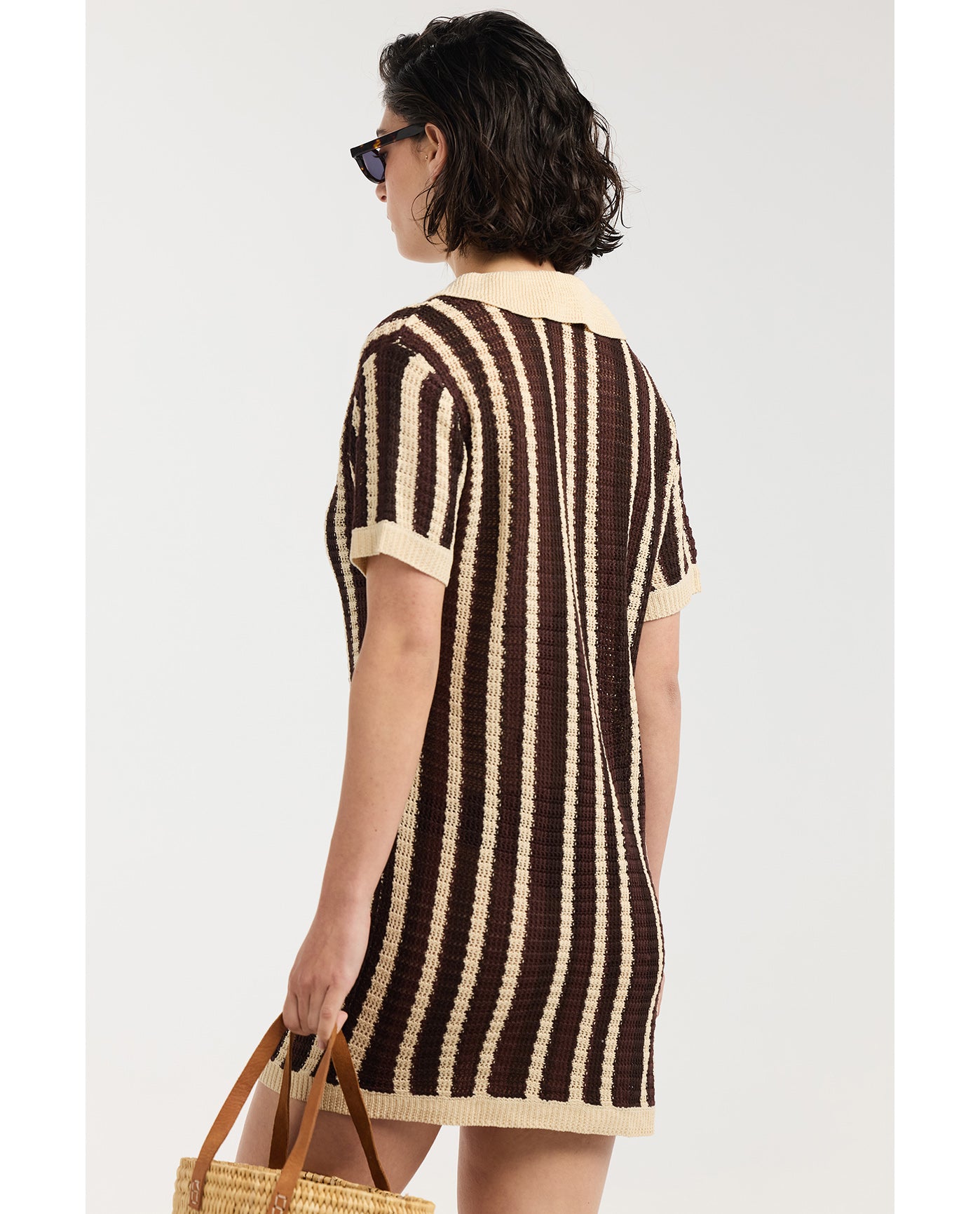 Davi Crochet Collared Mini Dress Cover-Up-Brown multi