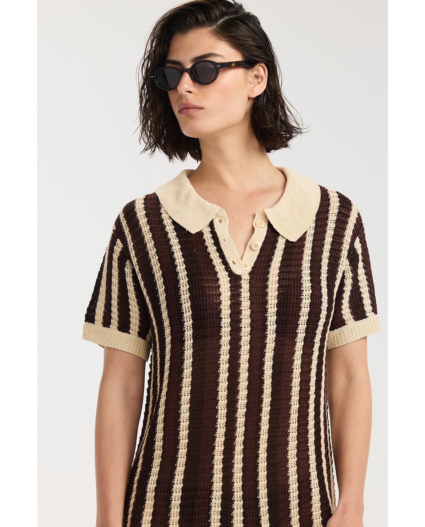 Davi Crochet Collared Mini Dress Cover-Up-Brown multi