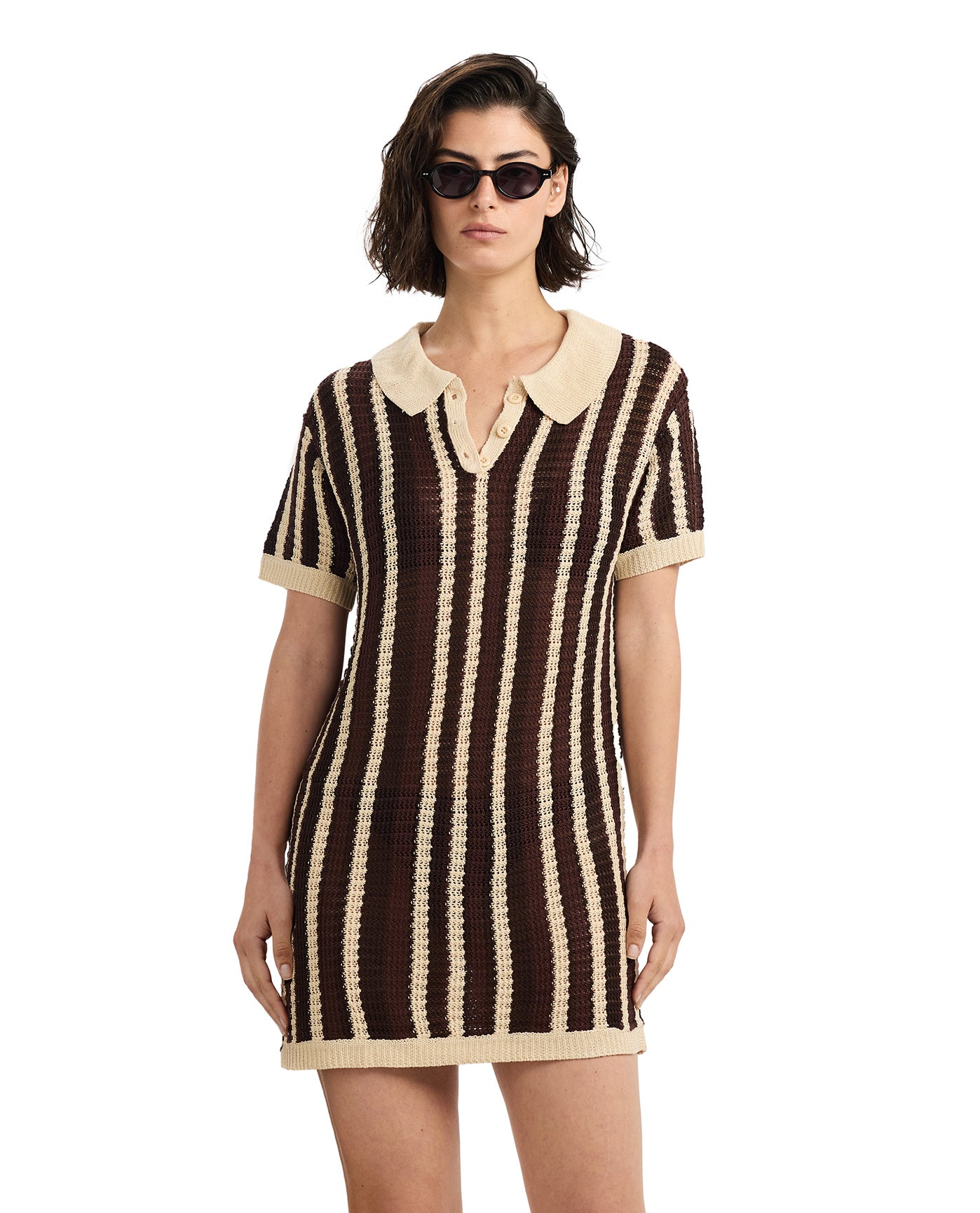 Davi Crochet Collared Mini Dress Cover-Up-Brown multi