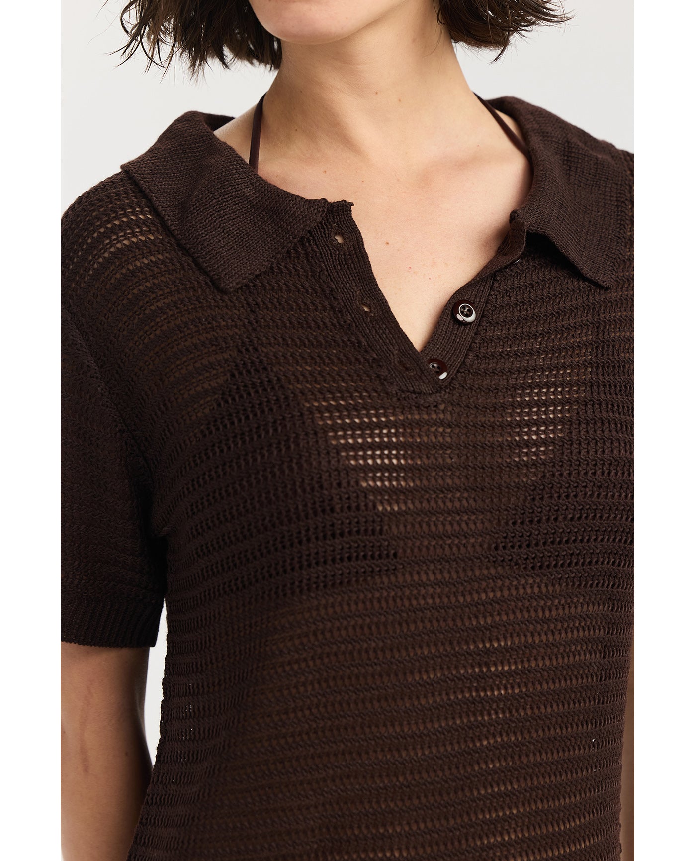Davi Crochet Collared Mini Dress Cover-Up-Brown