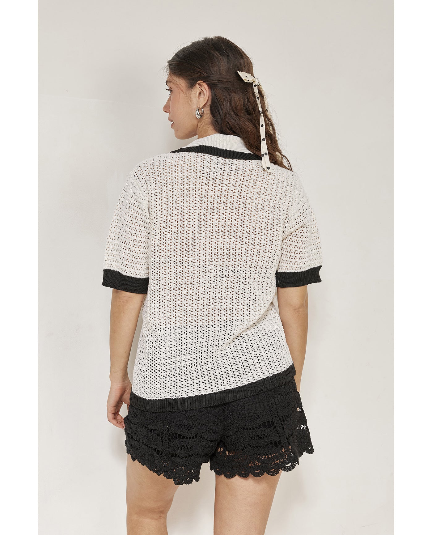 Franchi Crochet Collared Button Down Shirt Cover-Up-Blk/crm