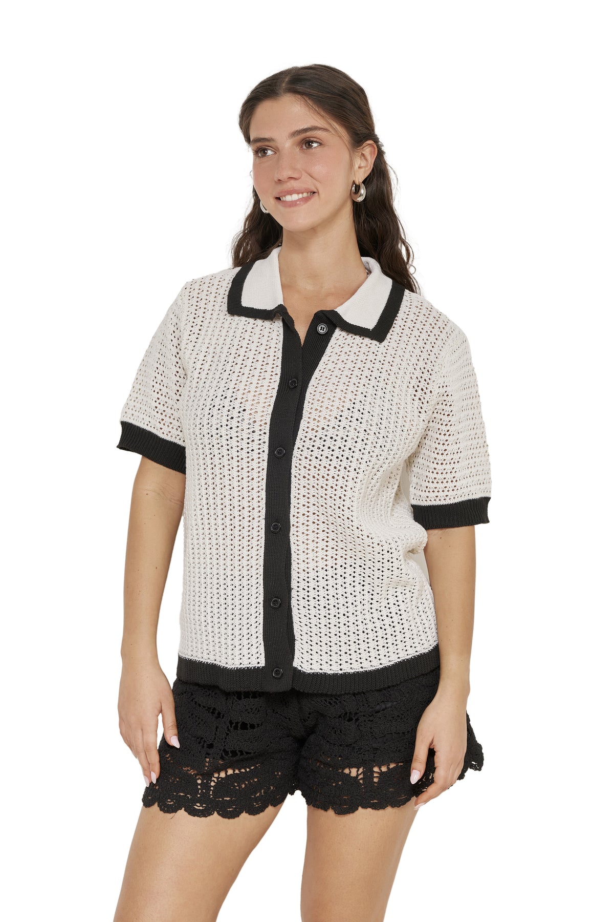 Franchi Crochet Collared Button Down Shirt Cover-Up-Blk/crm