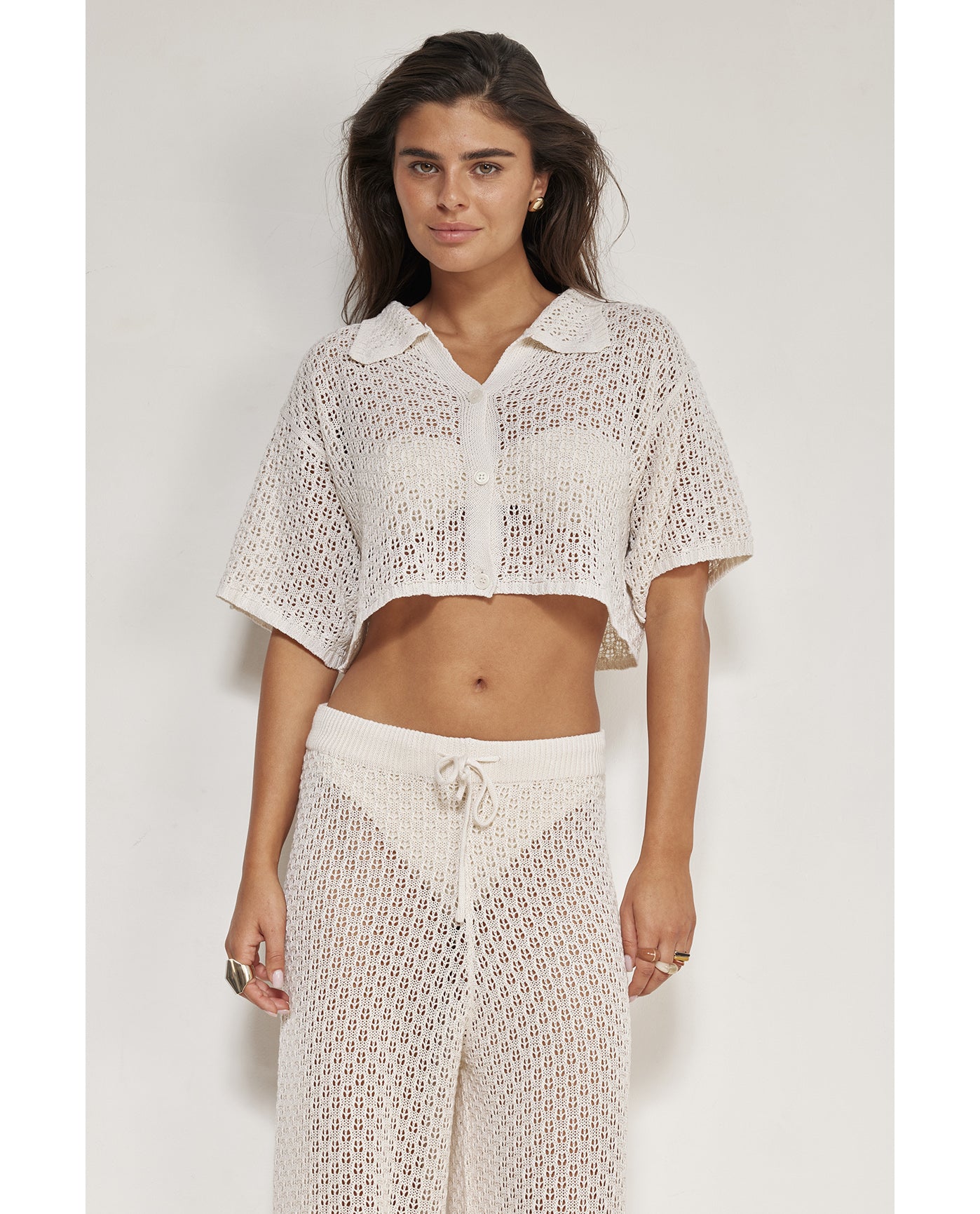 Anna Two Crochet Collared Beach Top-Beige