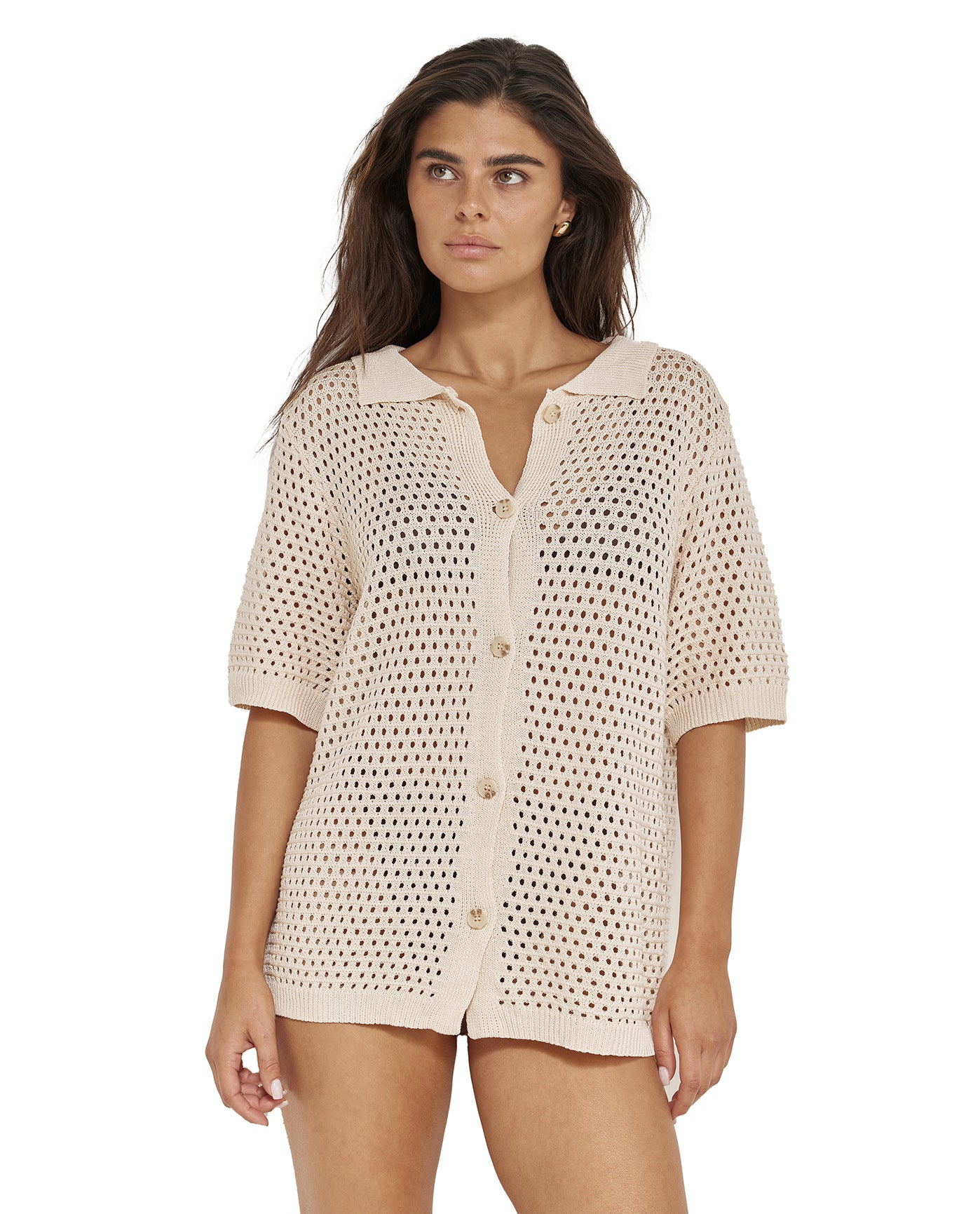 Robbie Crochet Collared Beach Top-Beige