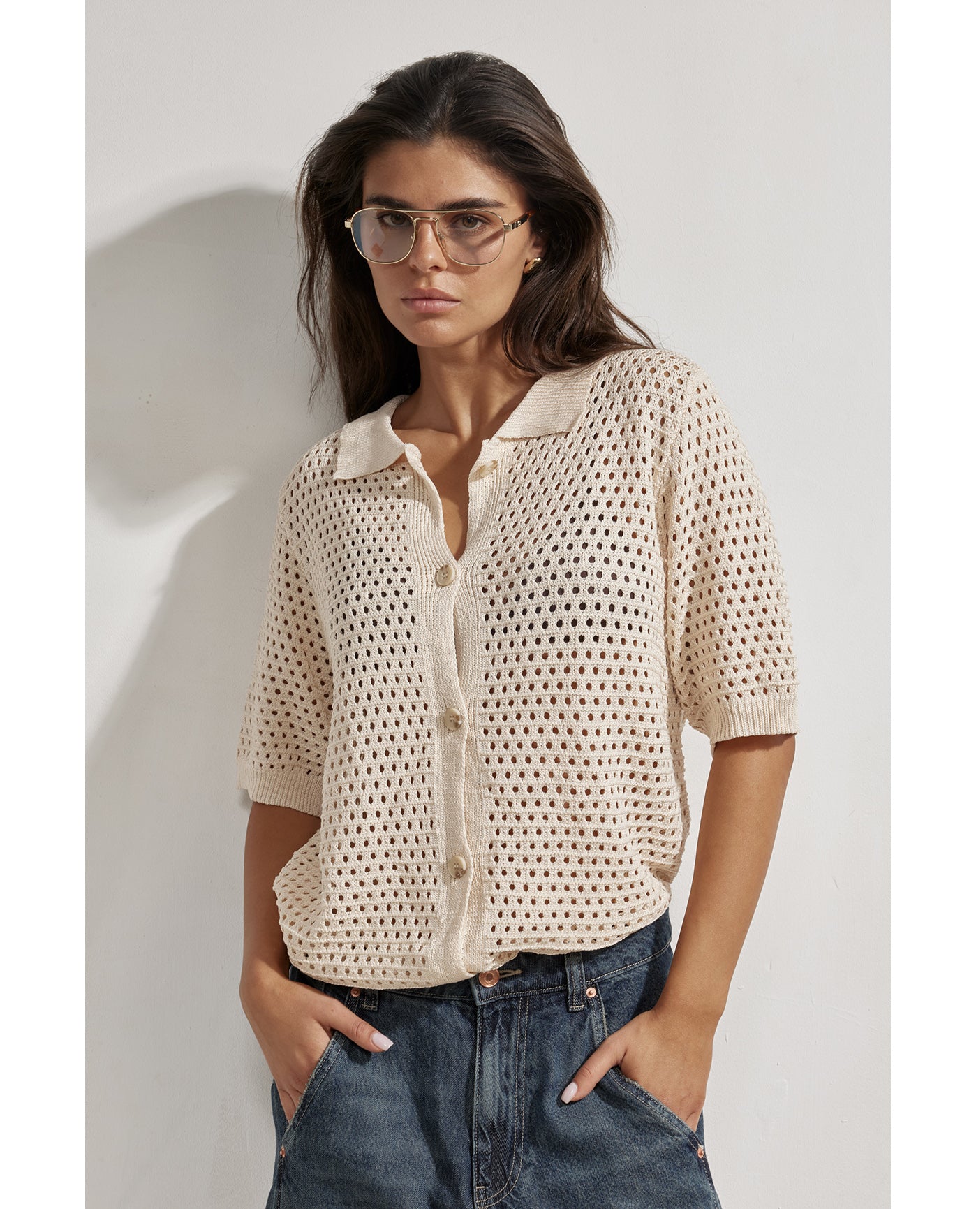 Robbie Crochet Collared Beach Top-Beige