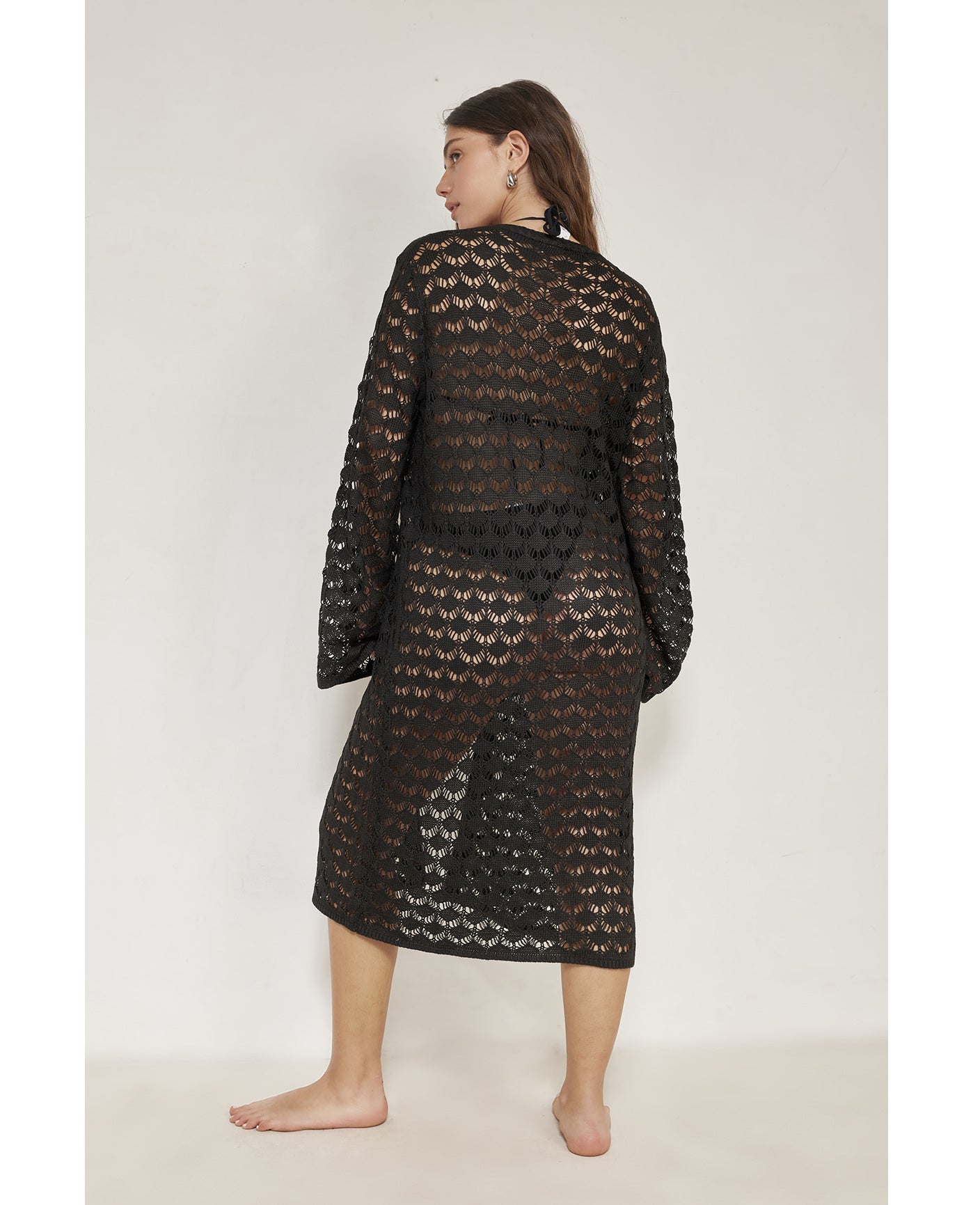 Rama Crochet Front Tie Robe Cover-Up-Black