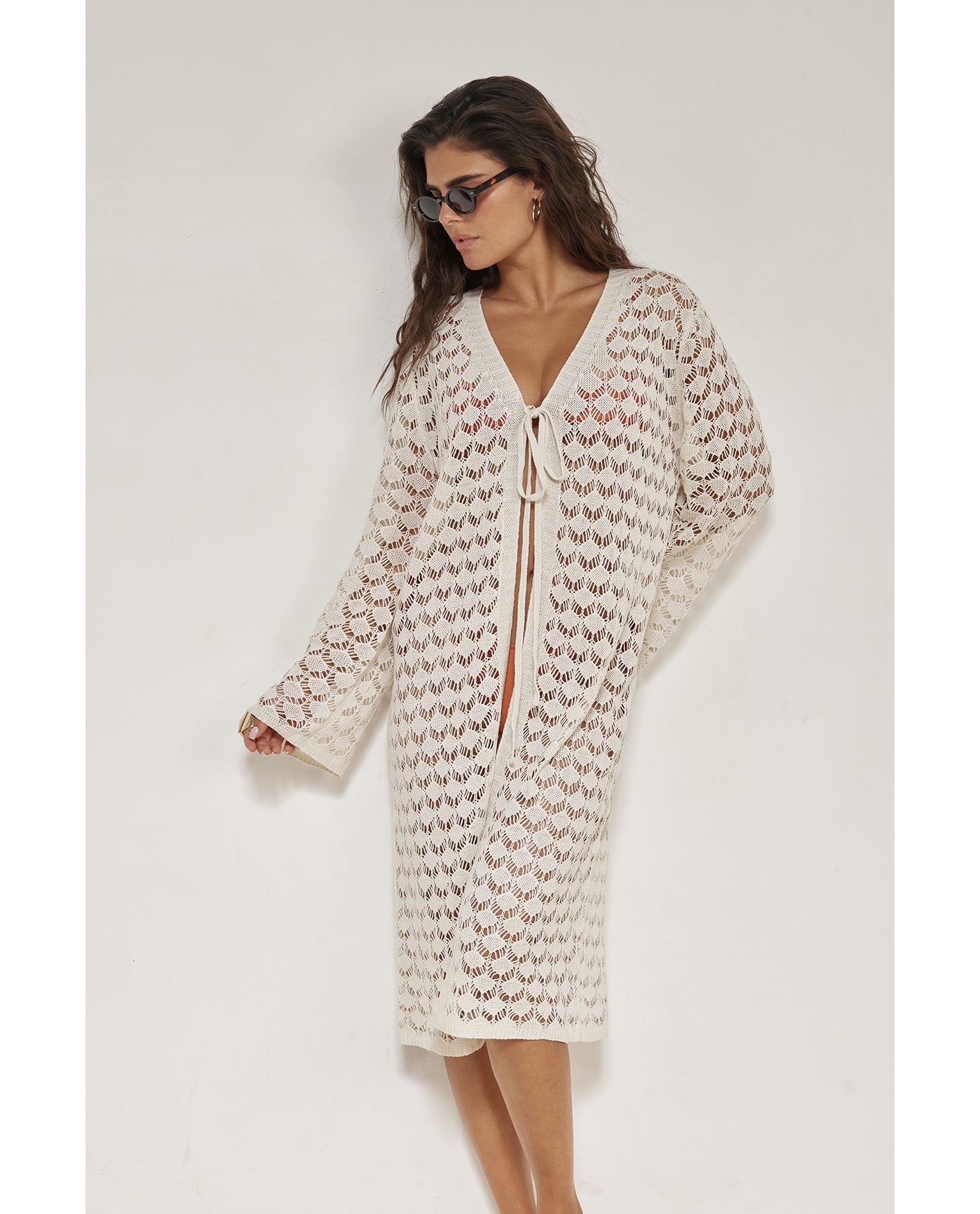 Rama Crochet Front Tie Robe Cover-Up-Beige