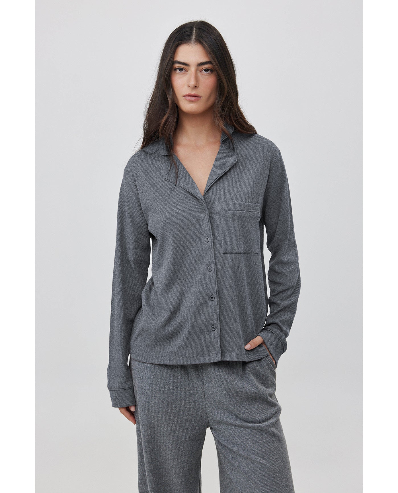 Sandy Days Button Up Loungewear Top -Grey