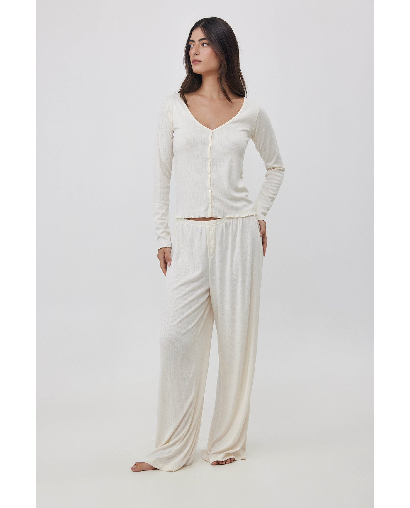 Daydream Pointelle Buttoned Loungewear Top -Cream