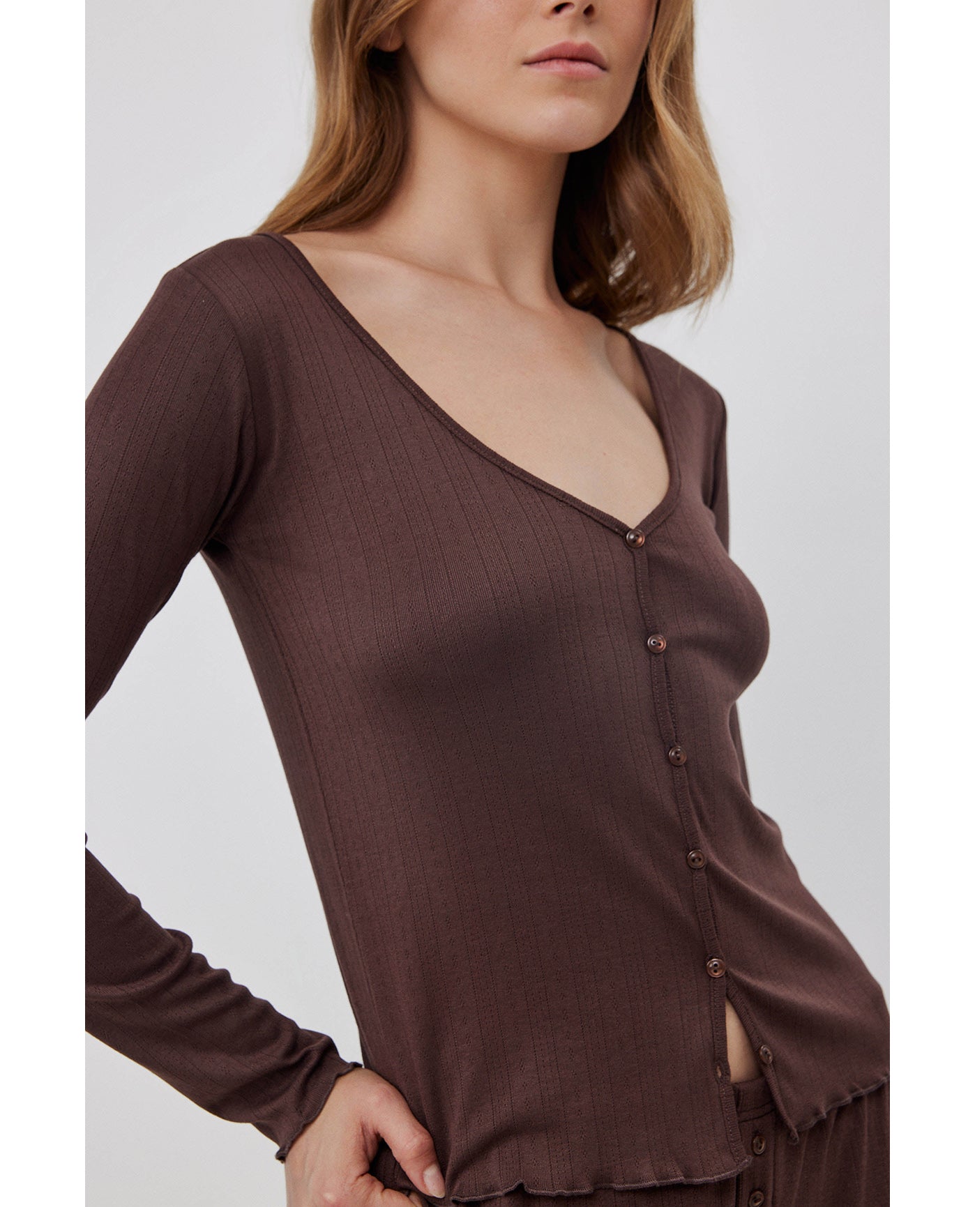 Daydream Pointelle Buttoned Loungewear Top -Brown