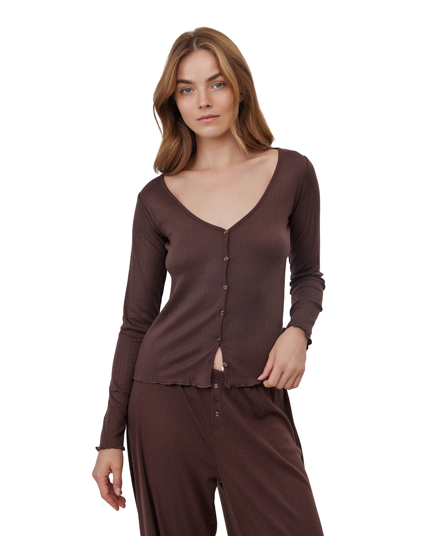 Daydream Pointelle Buttoned Loungewear Top -Brown