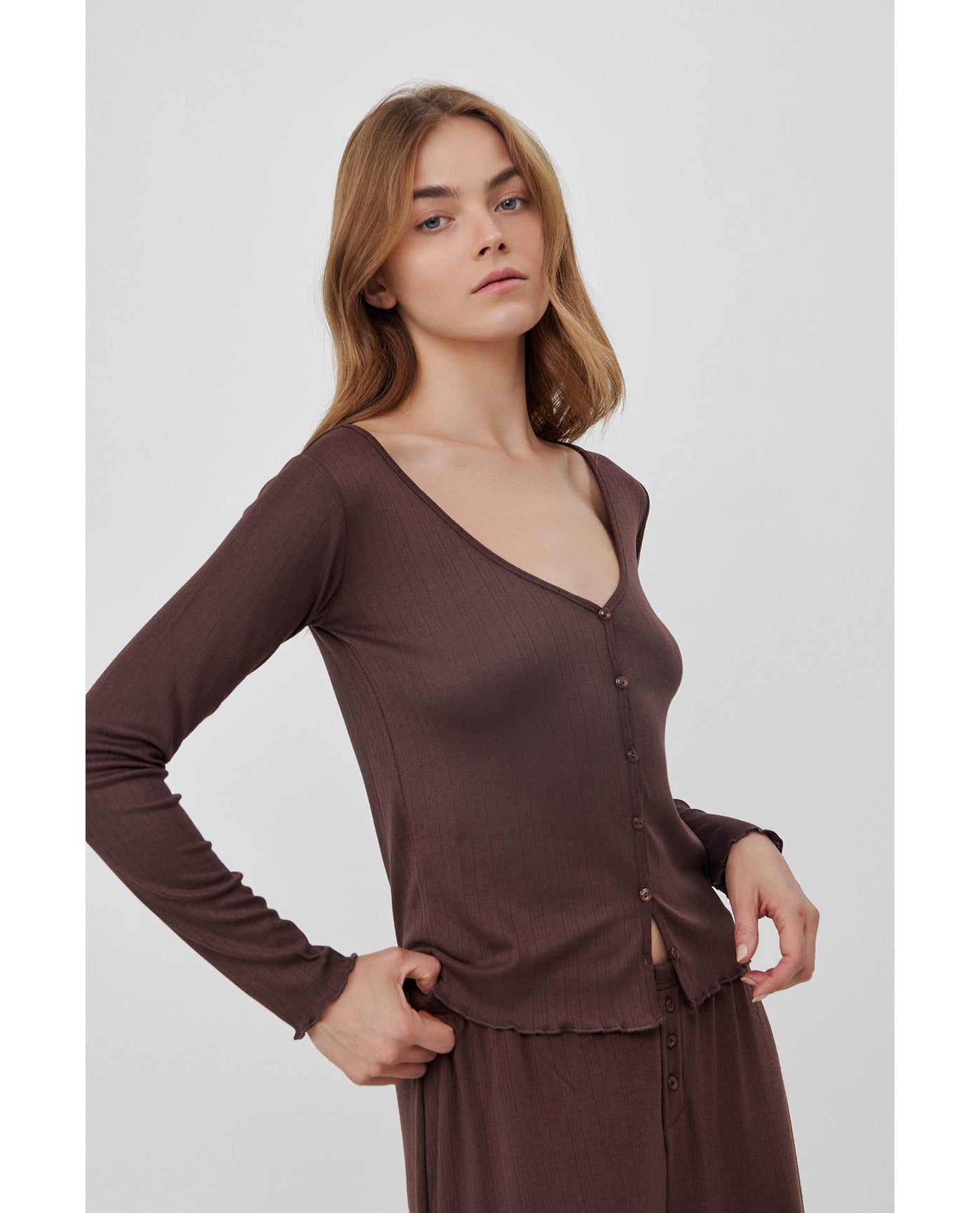 Daydream Pointelle Buttoned Loungewear Top -Brown