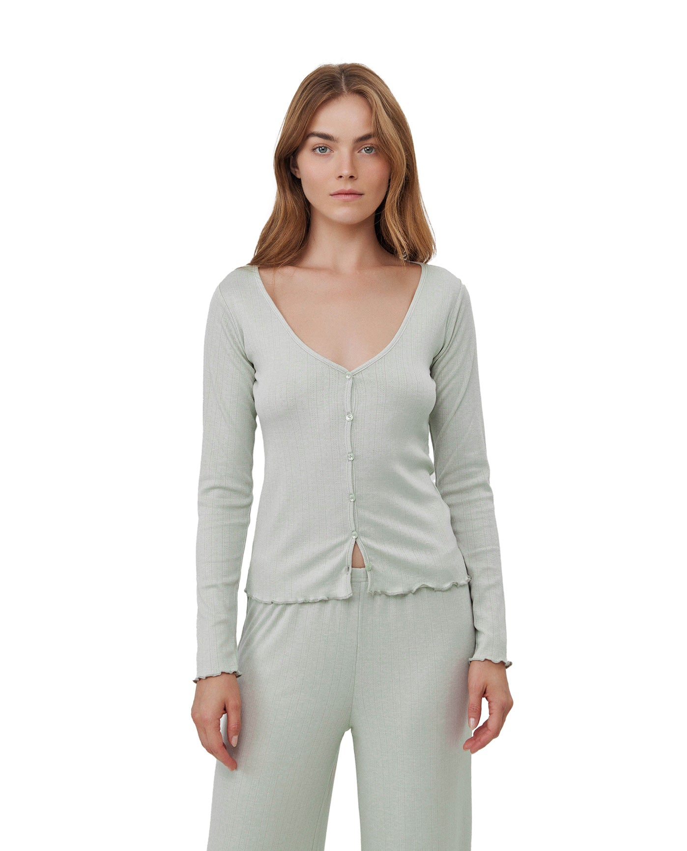 Daydream Pointelle Buttoned Loungewear Top -Lt green