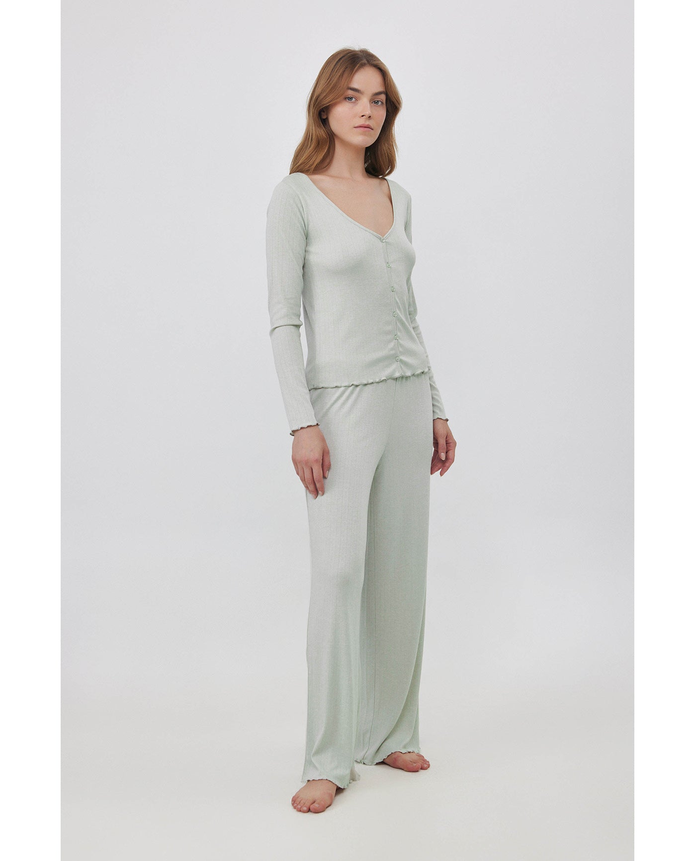 Daydream Pointelle Buttoned Loungewear Top -Lt green