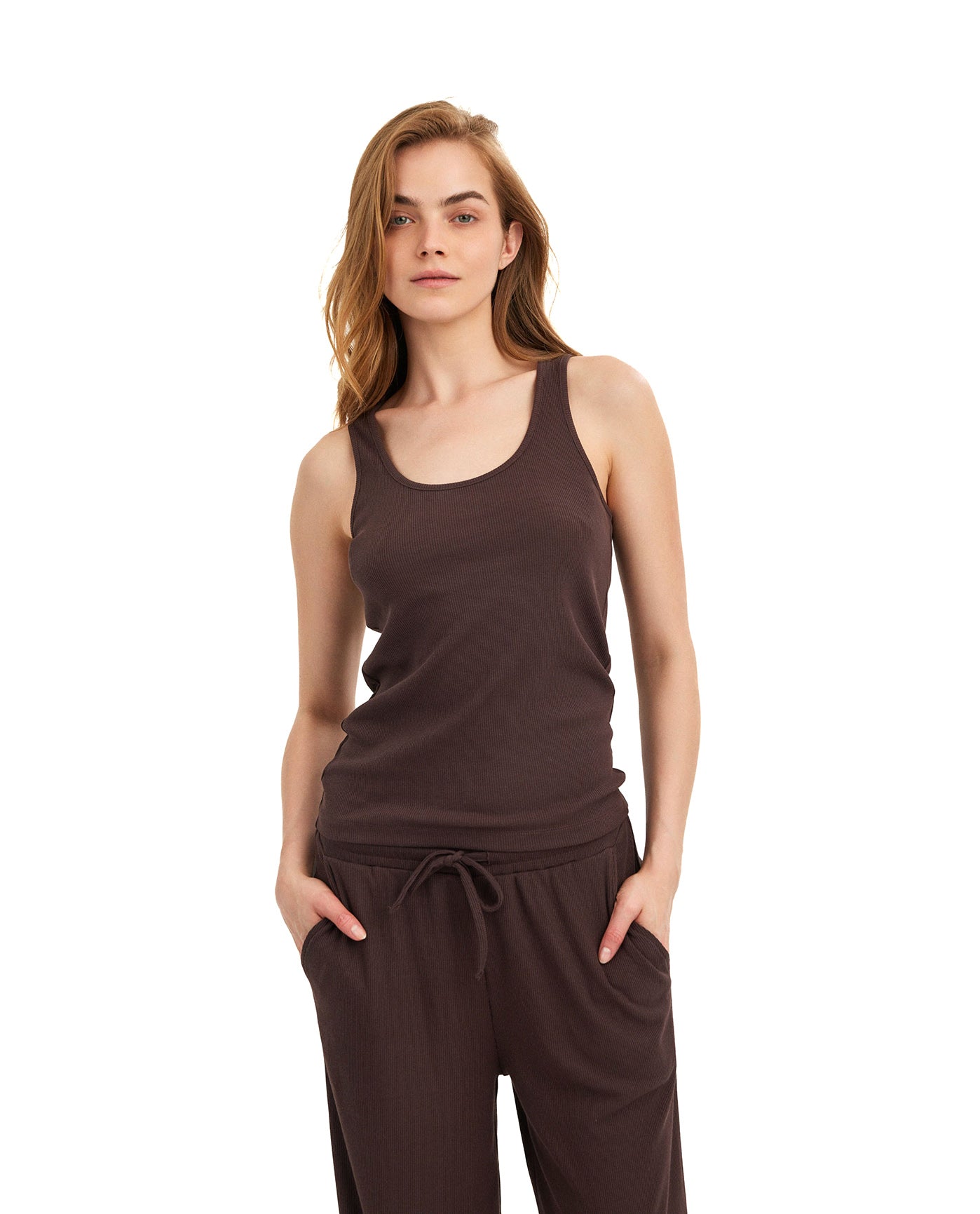 Summer Lounge Ribbed Racerback Tank Top-Brown