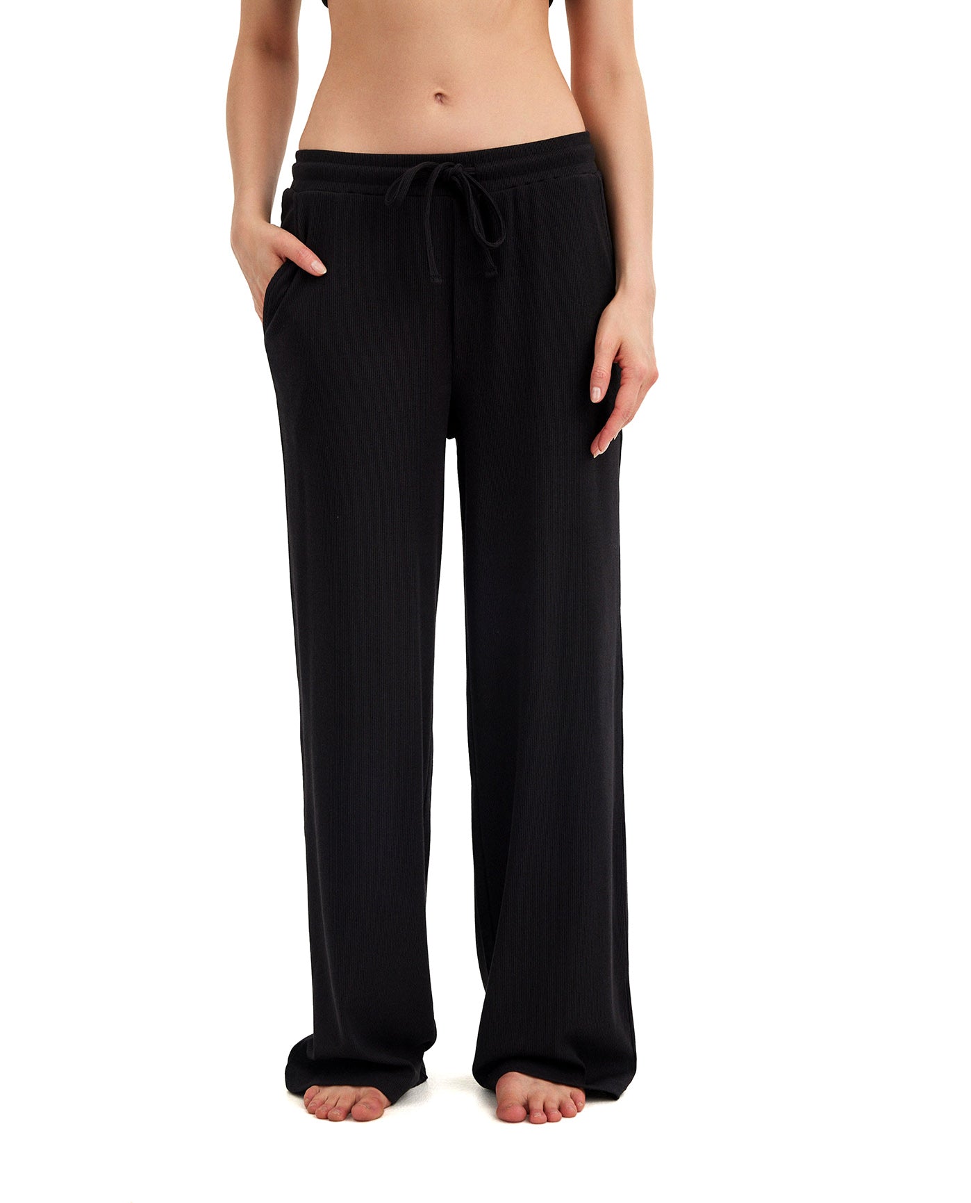 Summer Lounge Ribbed Wide Leg Pant-Black