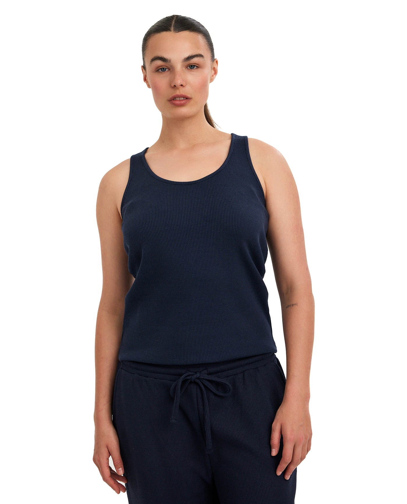 Summer Lounge Waffle Racerback Tank Top-Navy