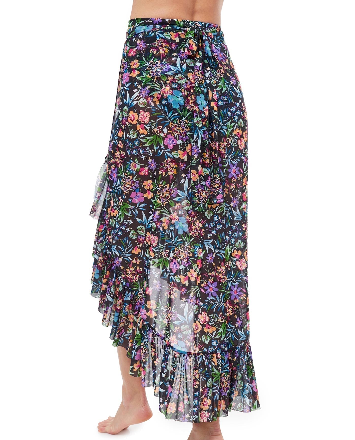 Back View Of Profile By Gottex Flora Ruffled High Low Mesh Cover Up Wrap Skirt | PROFILE FLORA BLACK
