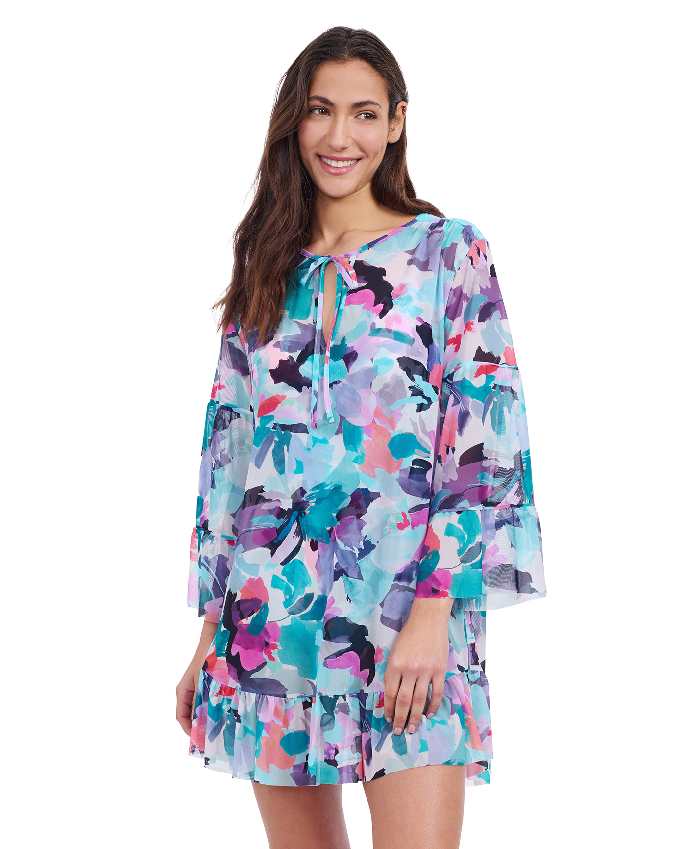 Holi V-Neck Mesh Flounce Tunic Cover Up