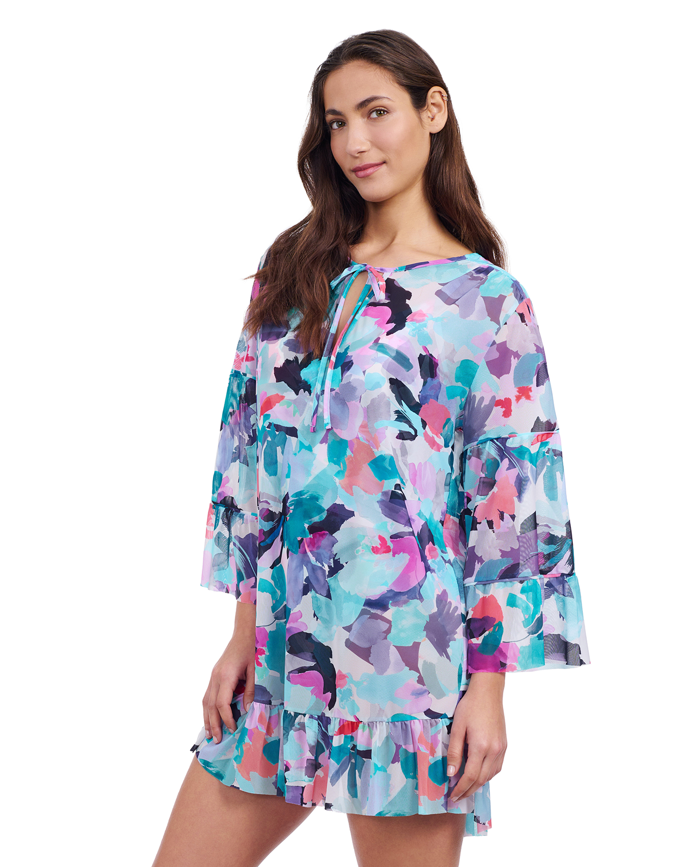 Holi V-Neck Mesh Flounce Tunic Cover Up