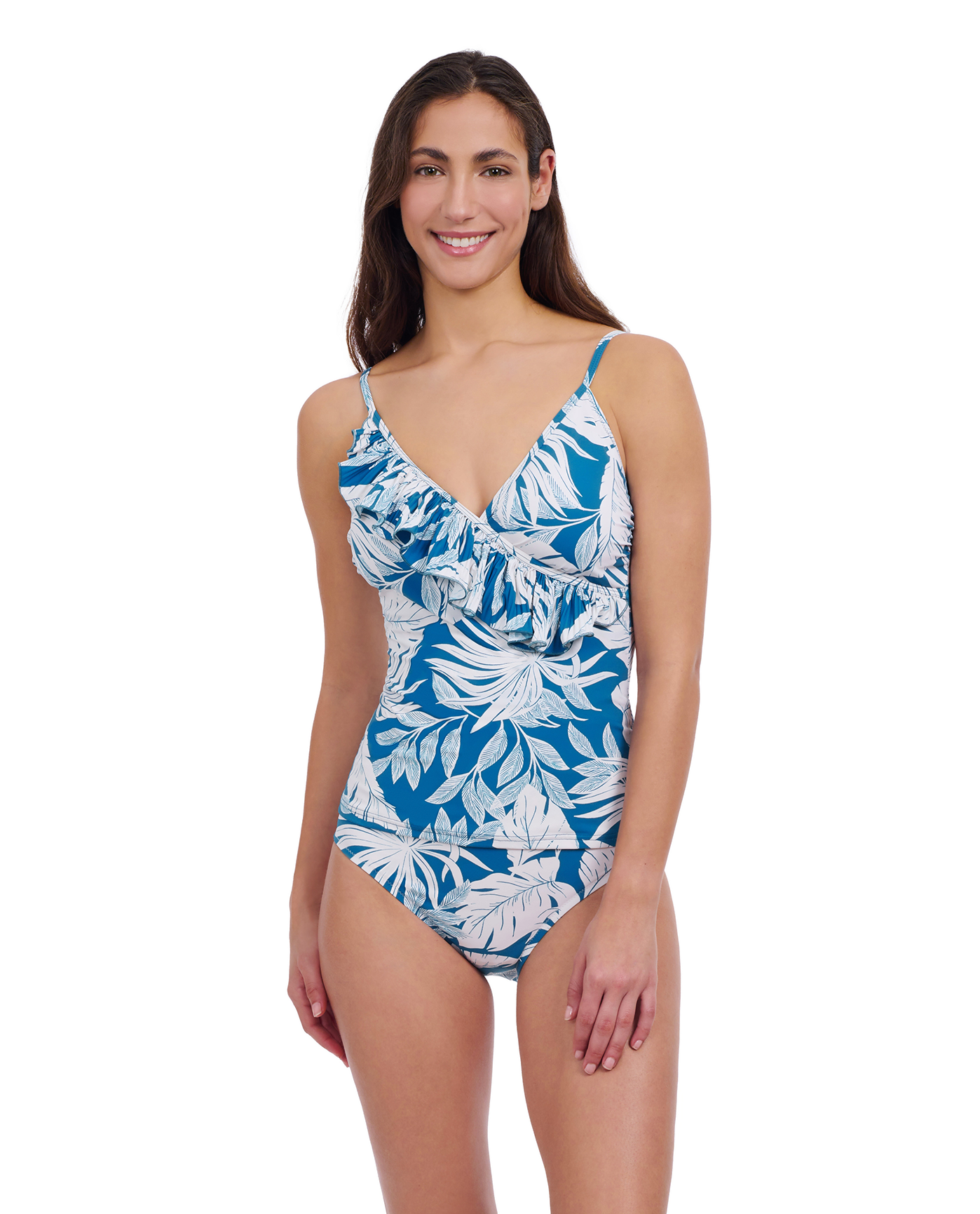 Profile By Gottex Malaya Fringe Surplice Tankini Top | Profile Malaya Teal and White