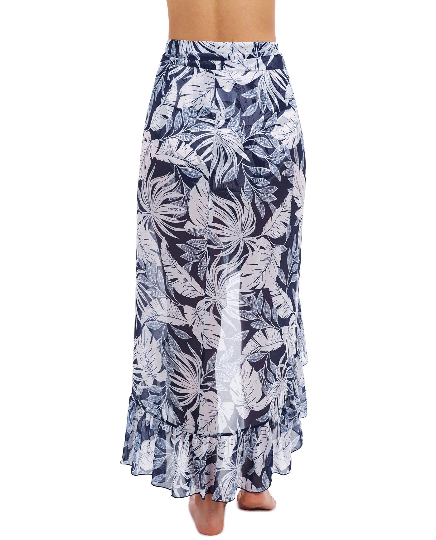 Profile By Gottex Malaya Ruffled High Low Cover Up Wrap Skirt | Profile Malaya Navy and White